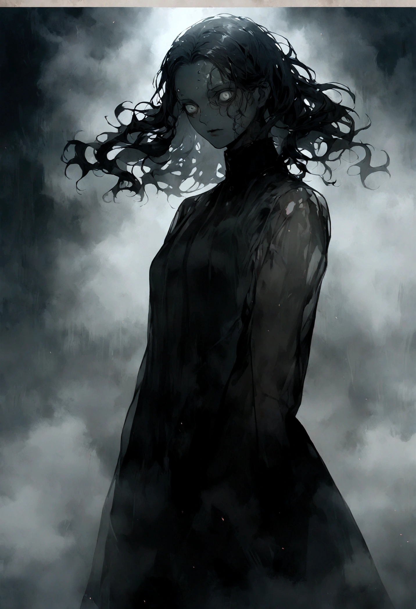 translucent man, spooky, with upturned hair, In the terrifying fog