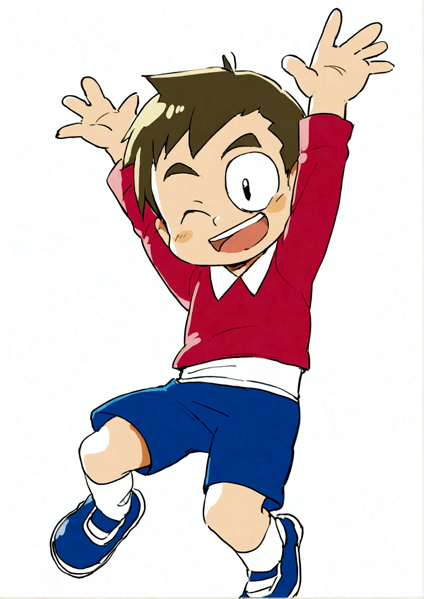 1boy，jump，Arms open，One eye closed，One eye open，Hands raised，Hands in the air，whole body，Male focus，shorts，Simple background，Smile，solo，Wave，Hiroyuki Nobi
