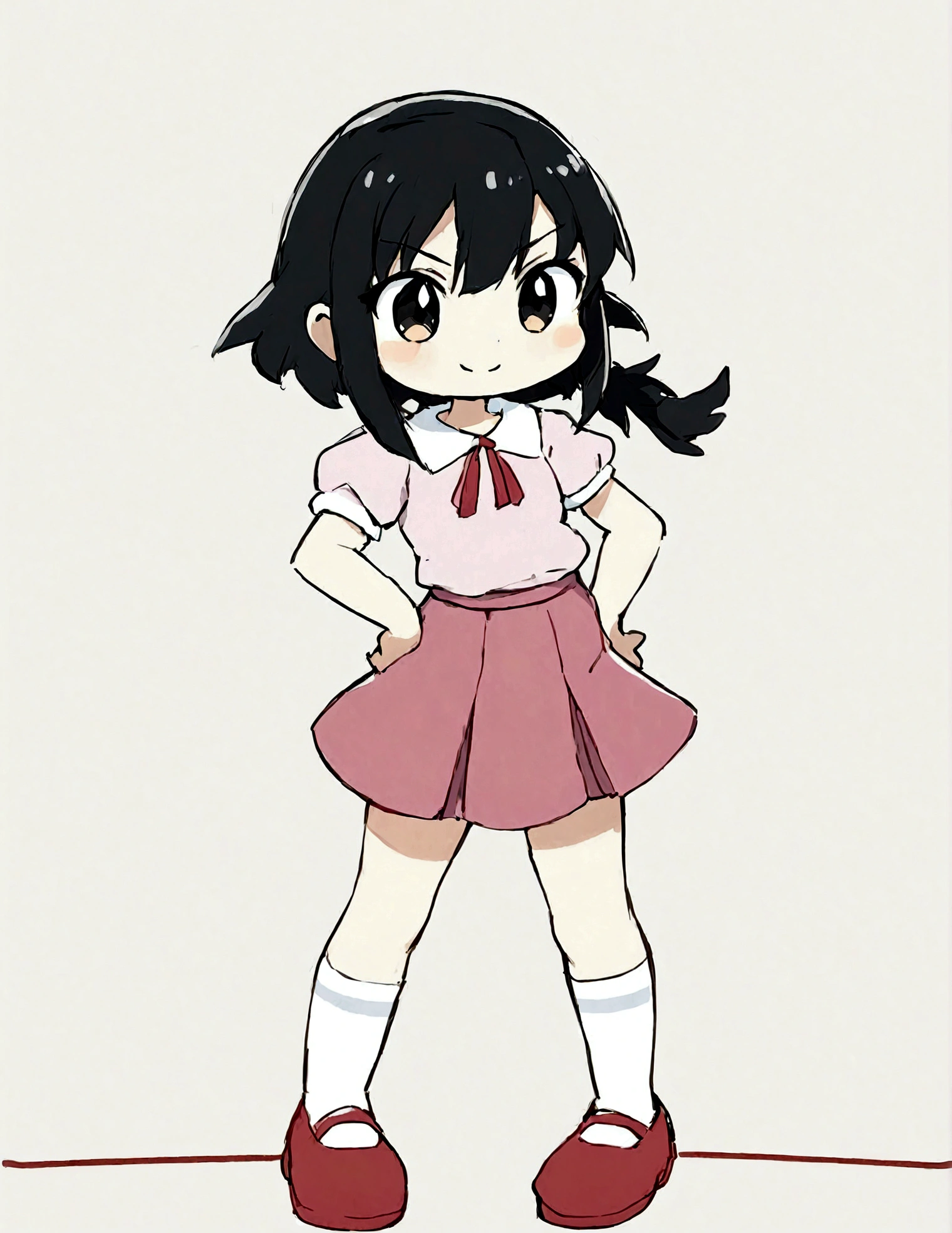 1girl,Black eyes,Black Hair,whole body,shoe,Simple background,skirt,Smile,solo,Standing,Double tail,White background,Minamoto Shizuka