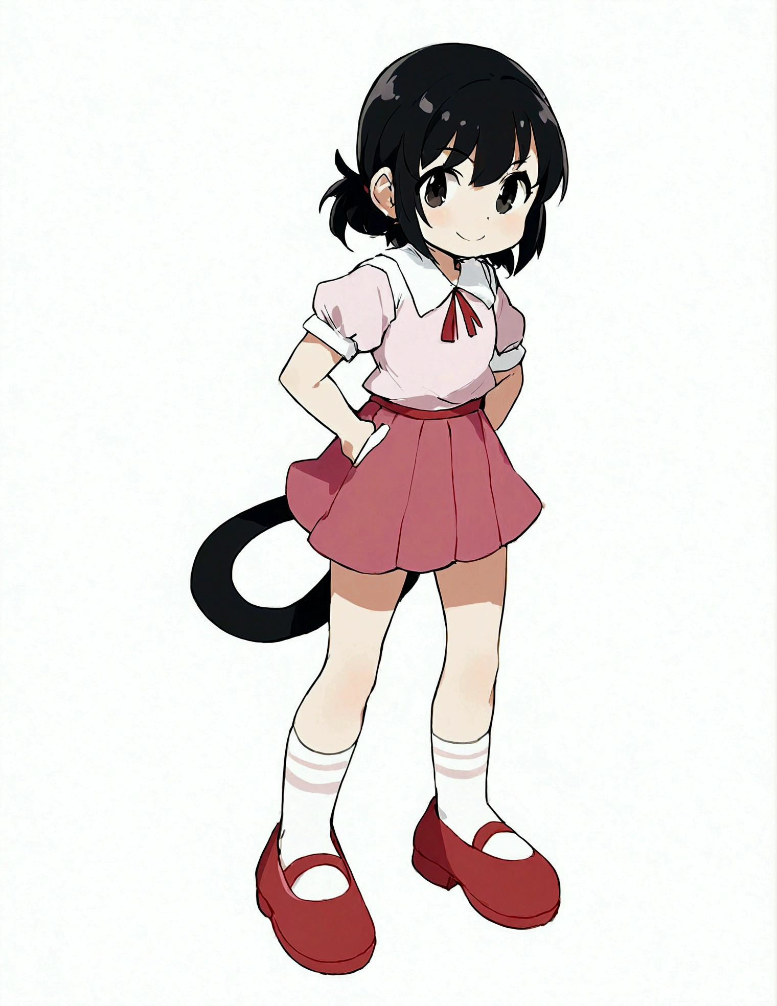 1girl,Black eyes,Black Hair,whole body,shoe,Simple background,skirt,Smile,solo,Standing,Double tail,White background,Minamoto Shizuka