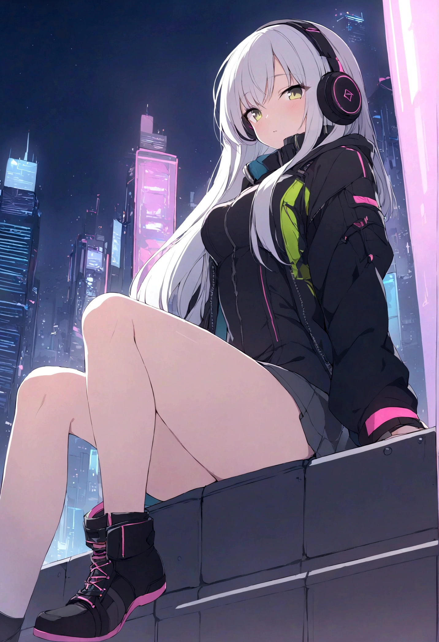 highest quality、masterpiece、night、Headphones、cyber punk、Cyber City、One Girl、Sitting on high ground、Mid Shot、High Position