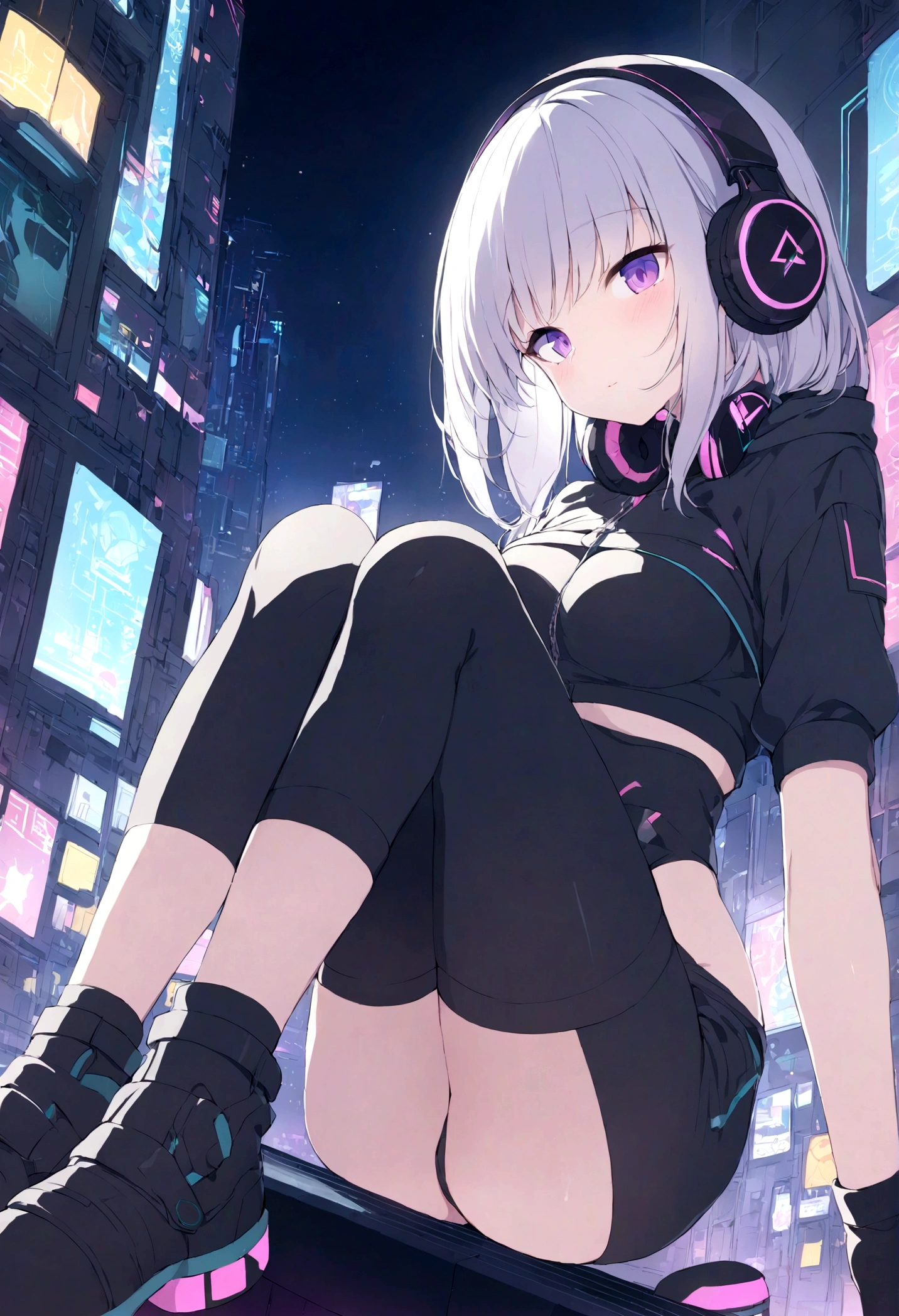 highest quality、masterpiece、night、Headphones、cyber punk、Cyber City、One Girl、Sitting on high ground、Mid Shot、High Position