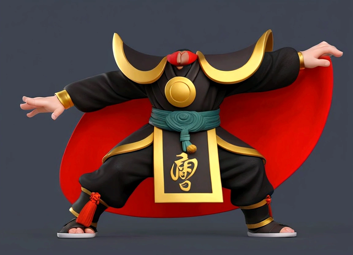 There was a man in a costume, Taoist robe, Inspired by Pu Hua, ganondorf, Inspired by Lee Jae Wan, inspired by Huang Ding, This custom, Inspired by Yang Jin, Inspired by Huang Shen, Inspired by Li Kan, Taoist master, Peking Opera, Inspired by Pu Hua, Inspired by Hu Zaobin, Inspired by Wu Bin, Ashura,From Chinese mythology,3D Intellectual Property Design, Pop Matt Style, Blind Box Toys, A super cute Chinese boy with Chinese Sichuan Opera characters, Chinese Traditional Festivals, Red, Black clothing,Happy, kung fu pose, Studio Lighting, Clean background, 3D, c4d, Blender, Redshift, Super detailed,