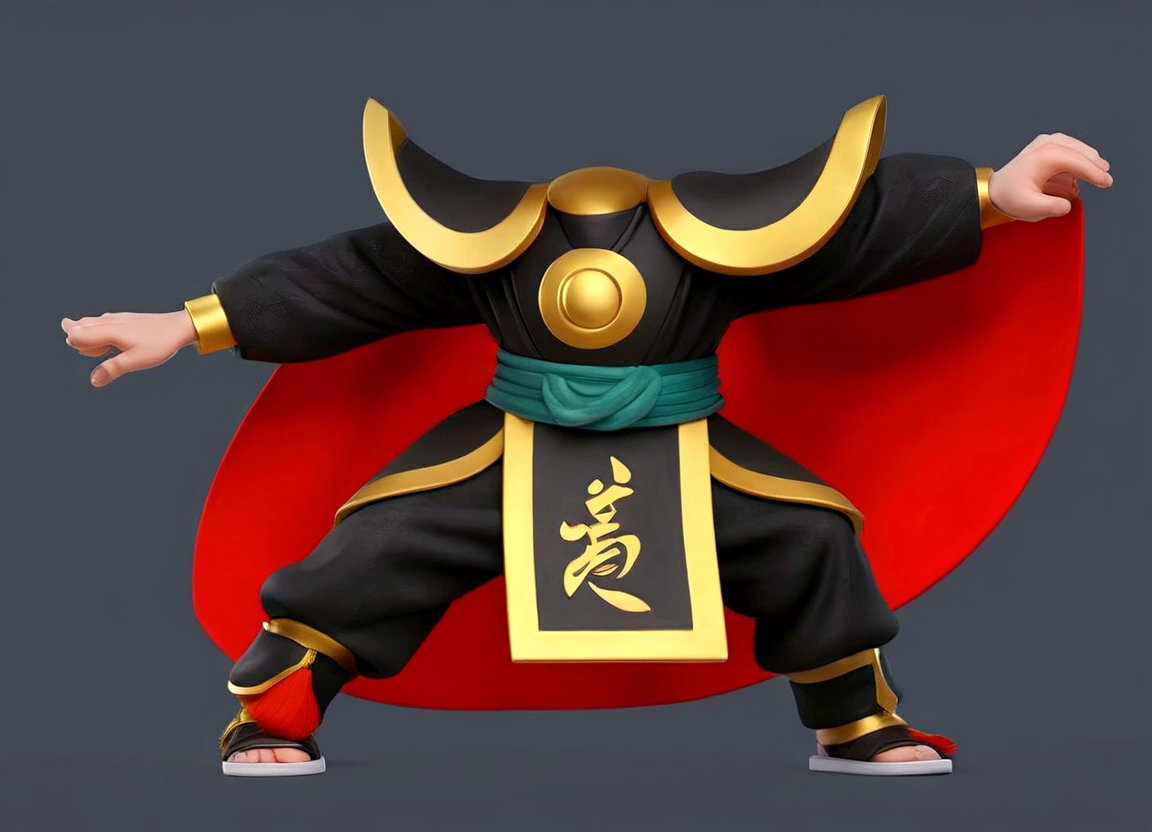 There was a man in a costume,  Taoist robe, Inspired by Pu Hua, ganondorf, Inspired by Lee Jae Wan, inspired by Huang Ding, This custom, Inspired by Yang Jin, Inspired by Huang Shen, Inspired by Li Kan, Taoist master, Peking Opera, Inspired by Pu Hua, Inspired by Hu Zaobin, Inspired by Wu Bin, Ashura，From Chinese mythology,3D Intellectual Property Design, Pop Matt Style, Blind Box Toys, A super cute Chinese boy with Chinese Sichuan Opera characters, Chinese Traditional Festivals, Red, Black clothing，Happy, kung fu pose, Studio Lighting, Clean background, 3D, c4d, Blender, Redshift, Super detailed,