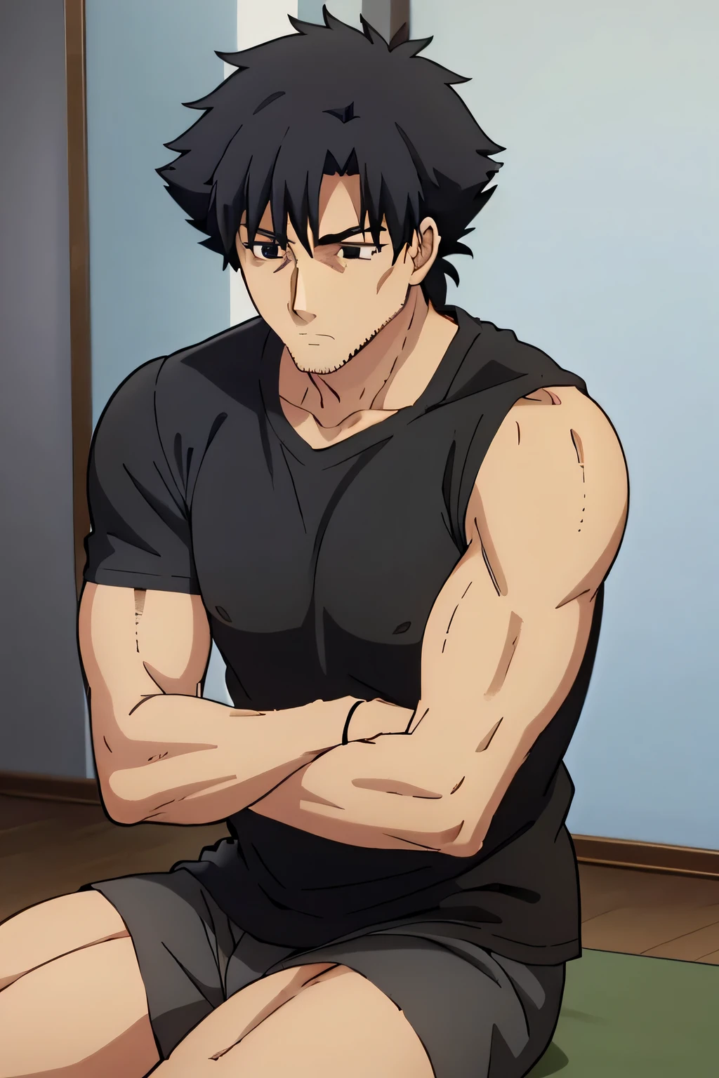 Kiritsugu is sitting and flexing his biceps. He wears black short boxershorts. You can see his thighs. He wears a black tshirt with short sleeves. His right sleeve is completely rolled up so you can see his entire arm and shoulder. He is showing his abs too. He is admiring his arms.