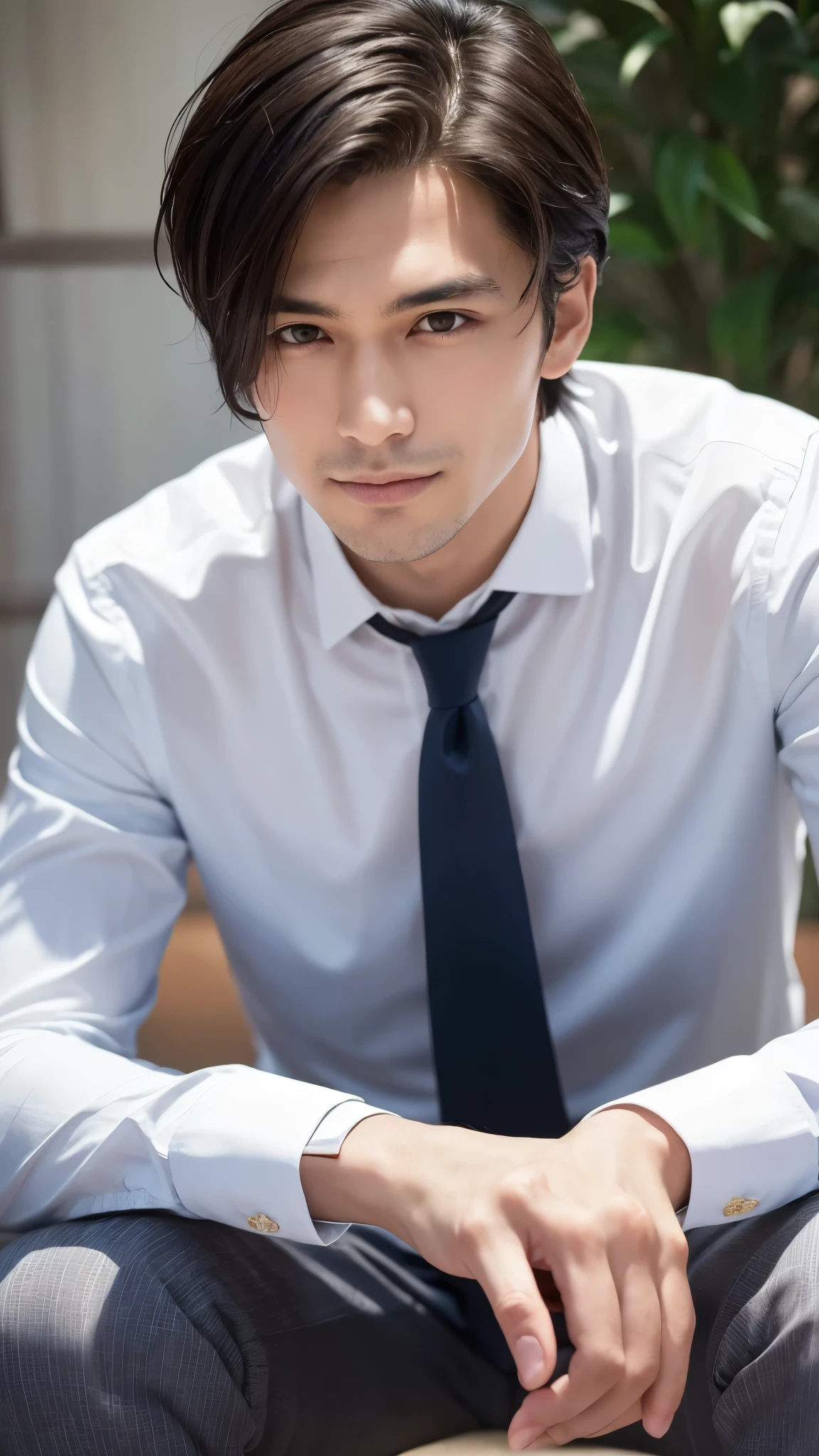 A portrait facing directly forward of a Japanese man in his late 30s wearing a navy blue suit. His suit is finely tailored with subtle pinstripes, paired with a crisp white dress shirt and burgundy necktie. His facial features are mature and refined, with a gentle gaze from his deep-set double-lidded eyes that convey an approachable, confident adult demeanor. His neatly styled dark hair has a soft side-swept fringe that falls across his forehead in a casually tousled yet put-together look.
His oval-shaped face is clean-shaven, with high cheekbones and warm olive skin tone. His expression is friendly yet composed, with a hint of a subtle smile at the corners of his full lips. The overall lighting casts soft shadows that accentuate the angles of his chiseled jawline and facial features.
The background is a simple flat gray, allowing the focus to remain solely on the subject's professional yet personable appearance and pensive gaze directly meeting the viewer's eyes. The portrait captures a sophisticated, trustworthy and approachable presence befitting a man in his late 30s.