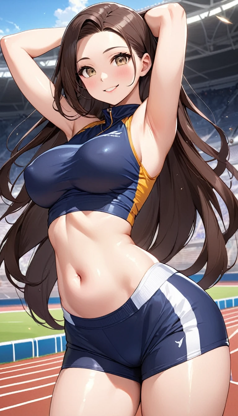 masterpiece, highest quality, Very detailed, ,Fine details, Anime style, One girl, middle part, slicked back hair, large breasts、Big Ass、Tight waist、Dynamic Angle、Long Hair、Beautiful Eyes、dark brown hair, Shiny Hair, light brown eyes、smile, sexy pose, bewitching pose, arms behind head, ((wearing Track and Field Uniforms ))、track and field athlete, track-and-field arena、Depth of written boundary、Belly button、Shorts、