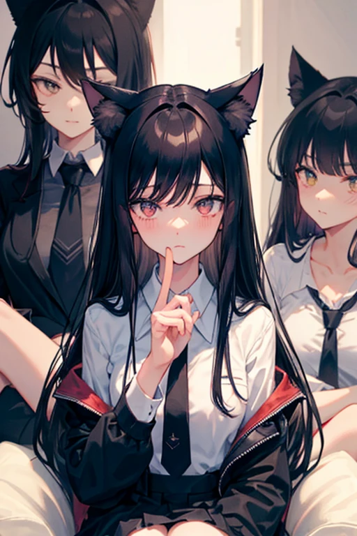 Black Hair，Black clothing，Cat ear，Two girls，Poker face，tie