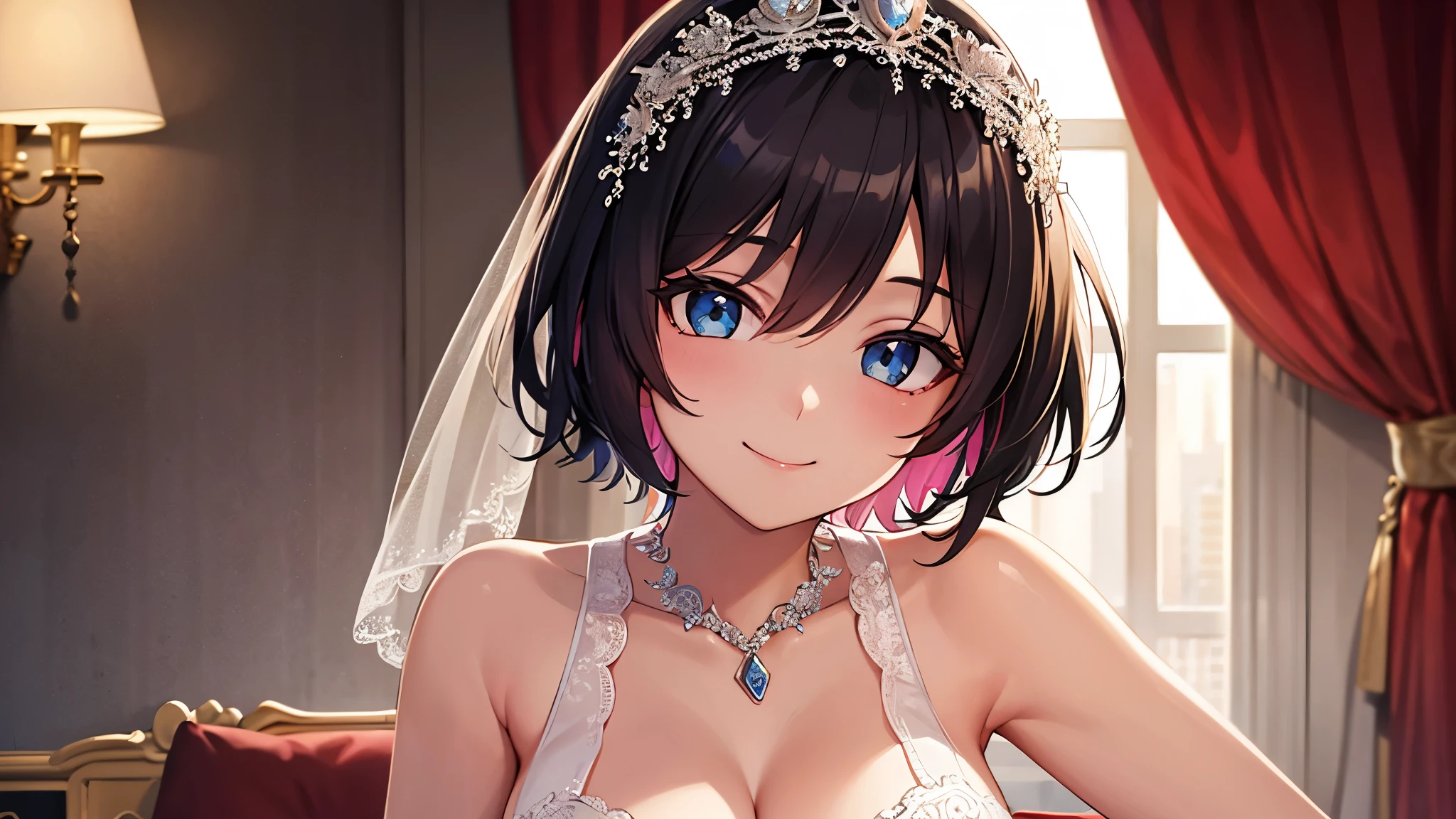 highest quality, 8k, 4K, High resolution, (Beautifully detailed face), High Contrast, Hotel Lounge, The upper body is visible,1girl,only,short hair,Colorful and clear eyes,Upper Eye,smile,She has big breasts,20generation,Wedding dress