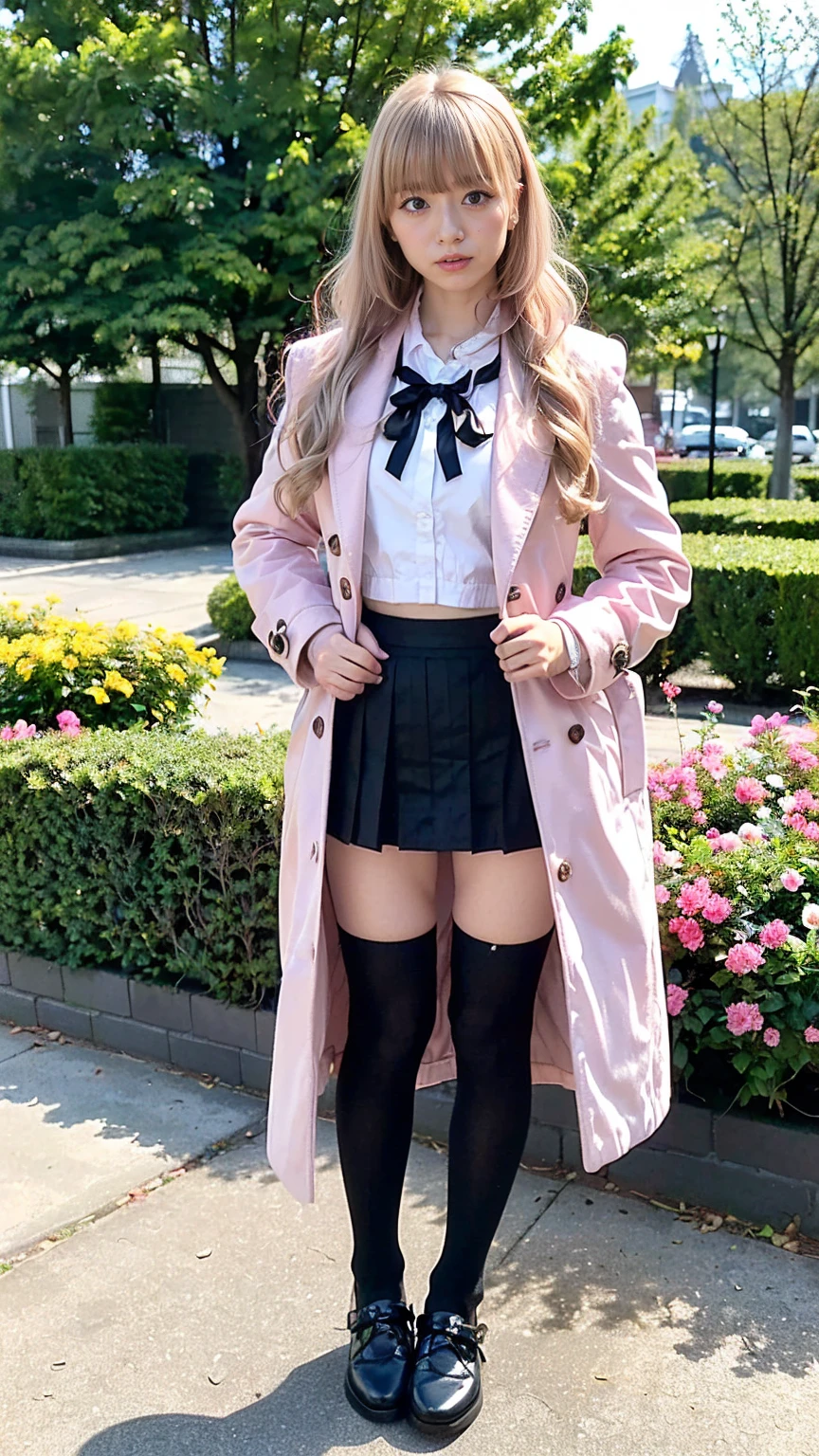 (8k、RAW Photos、highest quality、masterpiece:1.2)、(Realistic、Realistic)、1 girl、((Pink Coat、Blonde、Black Mini Skirt、Ribbon on chest、Knee socks、Big Breasts、whole body、garden、View from the front、Looking into the camera、Standing with one hand on one hip))、