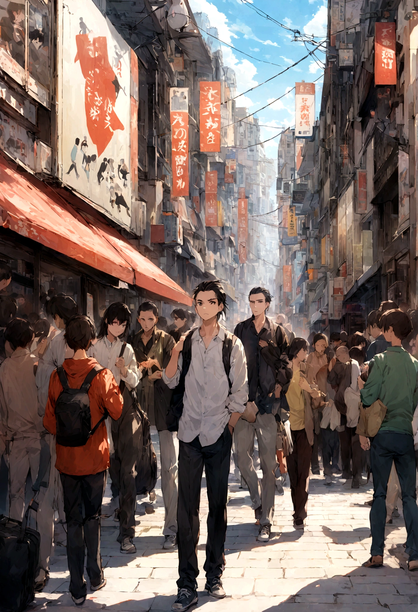 "A busy city street filled with people going about their day. The street is lined with modern buildings and shops, with various signs and advertisements adding to the urban atmosphere. Among the crowd, Takashi, a young boy, stands out. He has short black hair and is wearing a with a backpack slung over one shoulder. Takashi is walking purposefully, blending into the bustling scene around him. The sidewalks are filled with a diverse mix of people, all engaged in their daily routines, creating a dynamic and lively ur