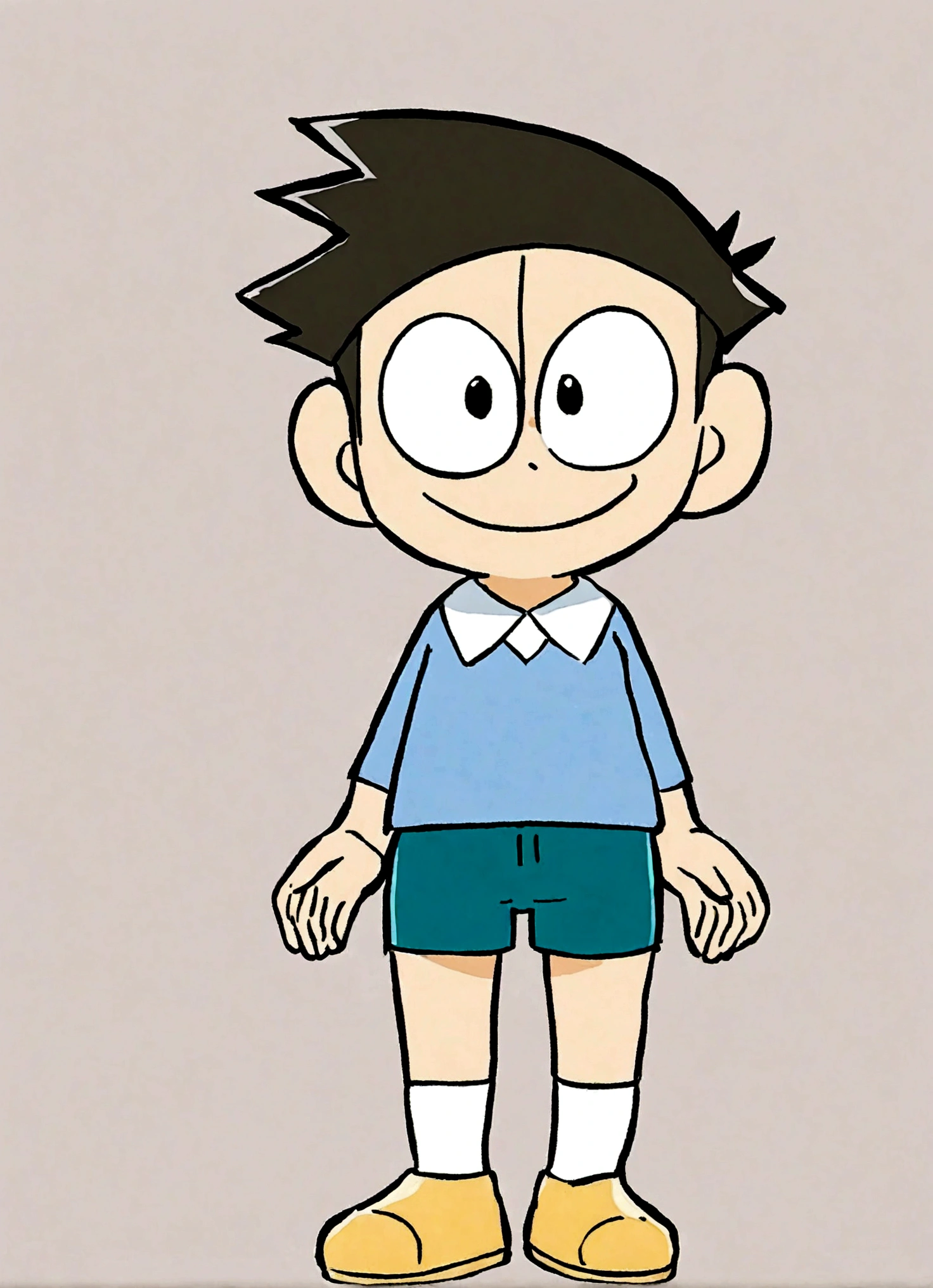 short hair，Blue Shirt，绿色shorts，Place your hands in your trouser pockets，1boy，whole body，Male focus，shorts，Simple background，Smile，solo，White background，Bonegawa Suneo