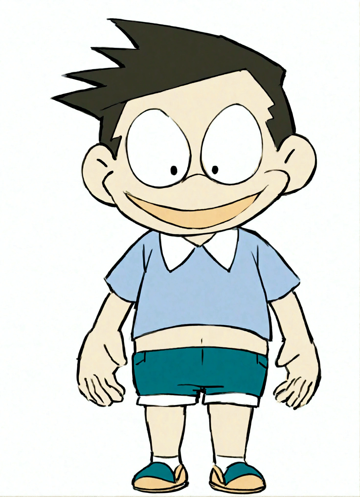 short hair,Blue Shirt,绿色shorts,Place your hands in your trouser pockets,1boy,whole body,Male focus,shorts,Simple background,Smile,solo,White background,Bonegawa Suneo