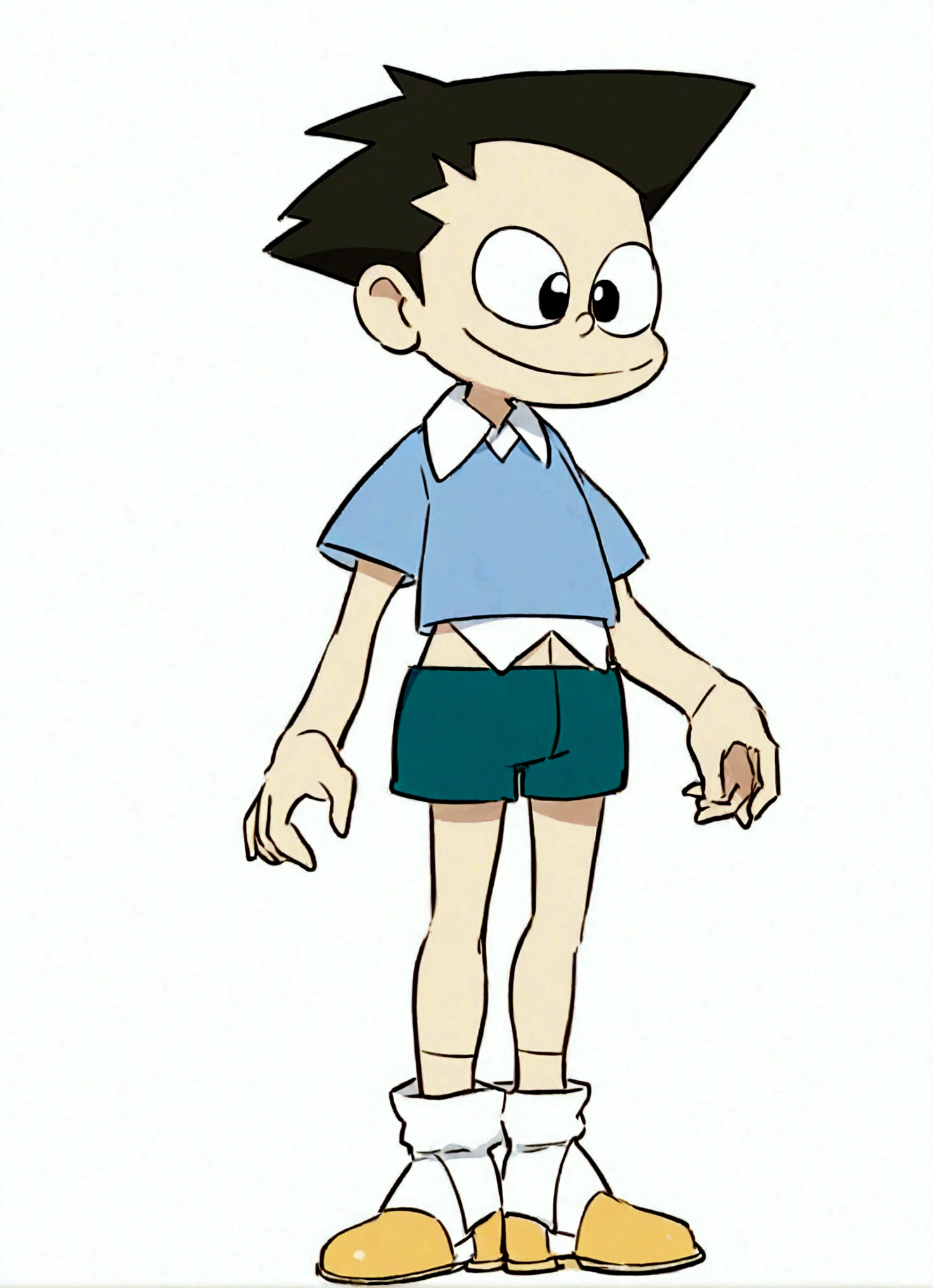 short hair，Blue Shirt，绿色shorts，Place your hands in your trouser pockets，1boy，whole body，Male focus，shorts，Simple background，Smile，solo，White background，Bonegawa Suneo