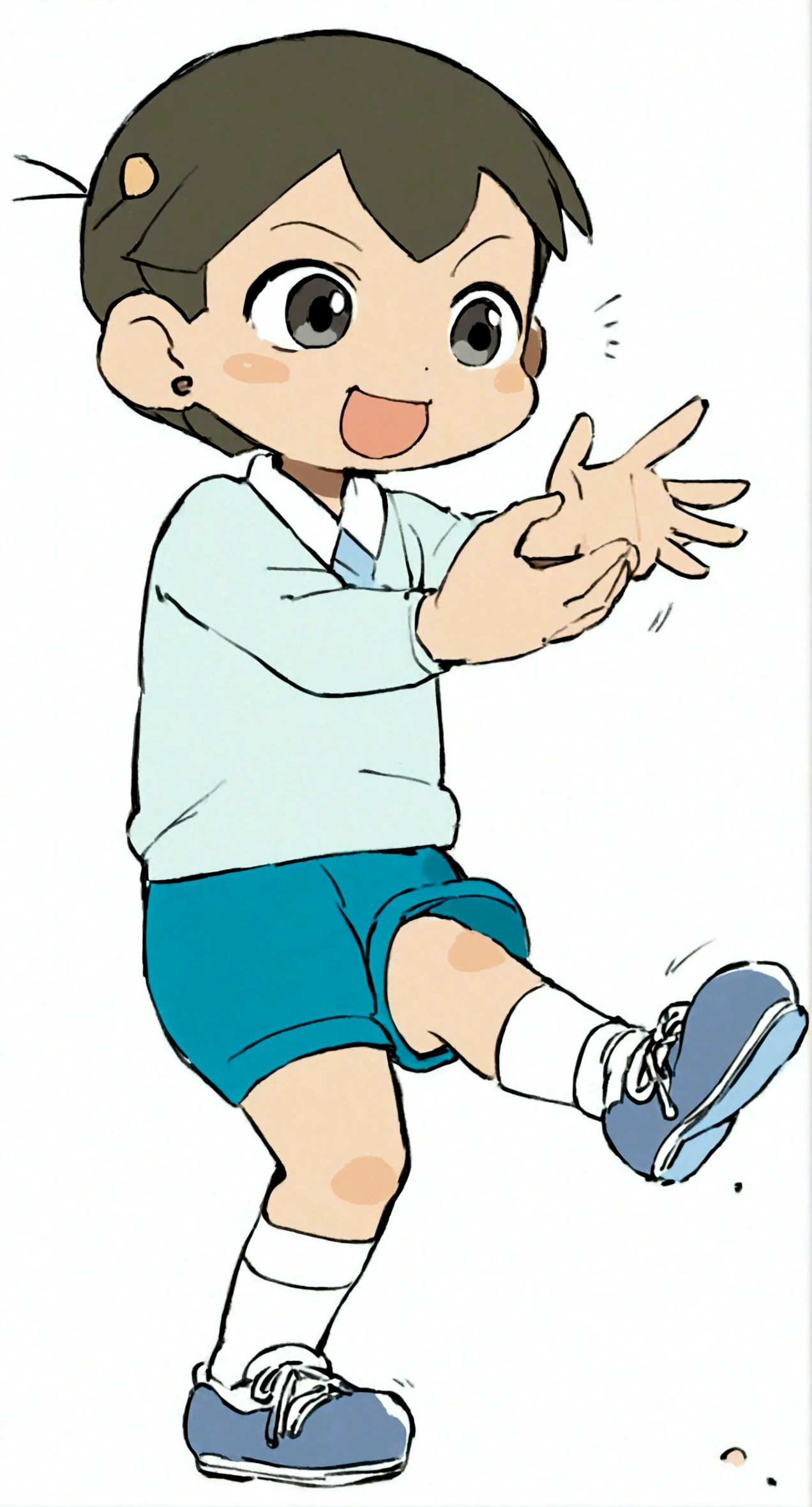 Blue Shirt,蓝色shorts,walk,Make a gesture with your right hand,1boy,black eyes,蓝色shorts,whole body,Male focus,open mouth,shoe,shorts,Simple background,Smile,solo,White background,Deki Eisai