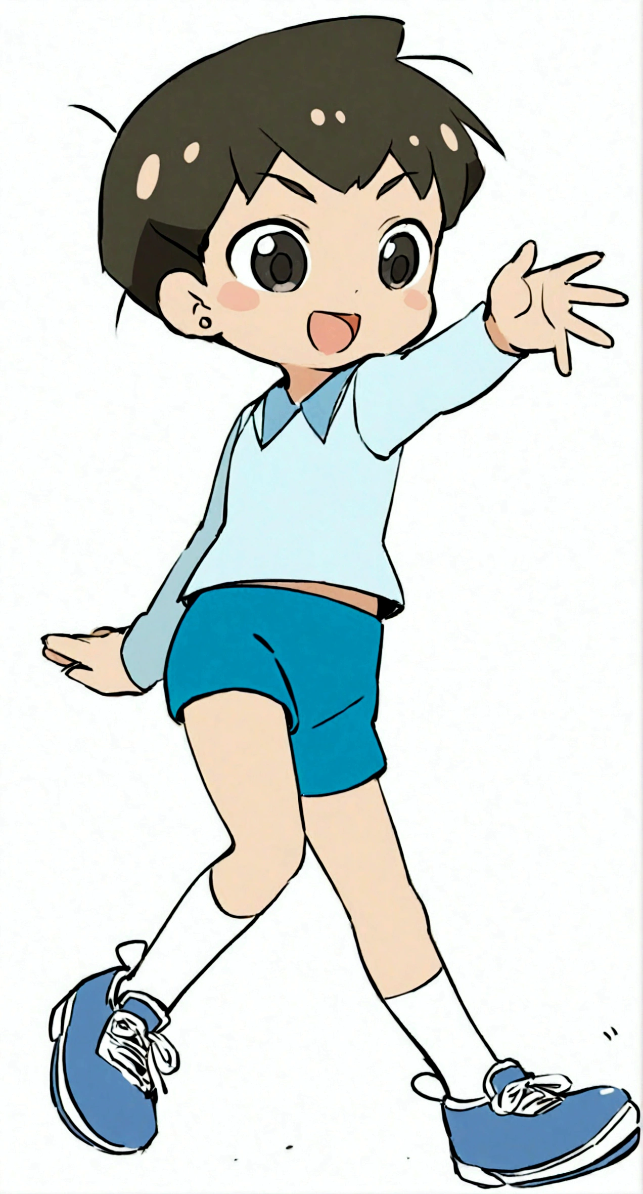 Blue Shirt,蓝色shorts,walk,Make a gesture with your right hand,1boy,black eyes,蓝色shorts,whole body,Male focus,open mouth,shoe,shorts,Simple background,Smile,solo,White background,Deki Eisai