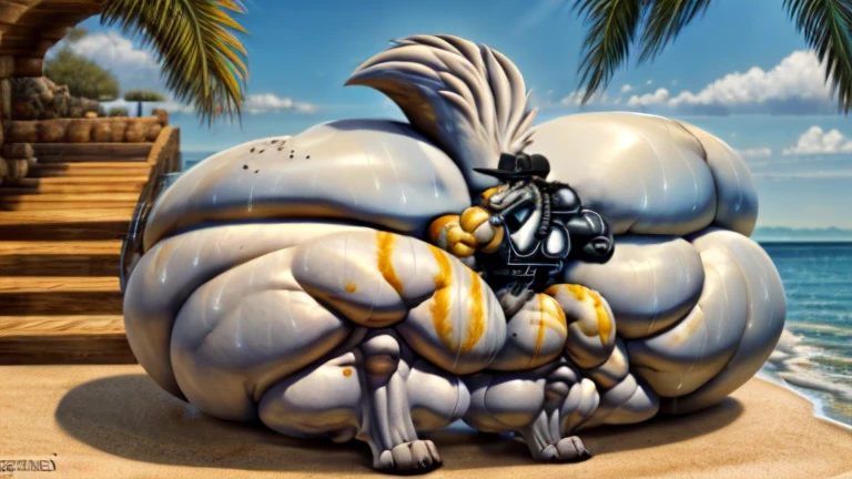 4k, high resolution, best quality, perfect lightning, perfect, solo, anthro, young, boy,white wolf:2.0, furry body, (fluffy mane:1.2), fluffy tail, male, adult, (bulky2:0, thick muscles2:0, huge muscles:2.0, hyper muscles:2.0), (thick biceps, veiny biceps, broad shoulders:2.0), (thick legs, thick calves:1.1), (digitigrade legs, 4 toes:1.2), perfect colors, (photorealistic fur, detailed fur, epic, masterpiece), (suggestive posing:1.2), (seductive smile, lustful grin 1.3), detailed beach,detailed wolf eyes:2.0, by k0suna, by darkgem,nipple ring,hyper arms:2.0,veins,white body,white fur,hyper butt:2.0,hyper paws:2.0,standing,thick legs,thick butts:2.0,sweat body:2.0,massive butt:2.0,black hat,hyper ass:2.0,huge ass,long legs,juicy butt:2.0,butt like a mountain,butt with colorful patterns,wide butt,insanely inflated hips