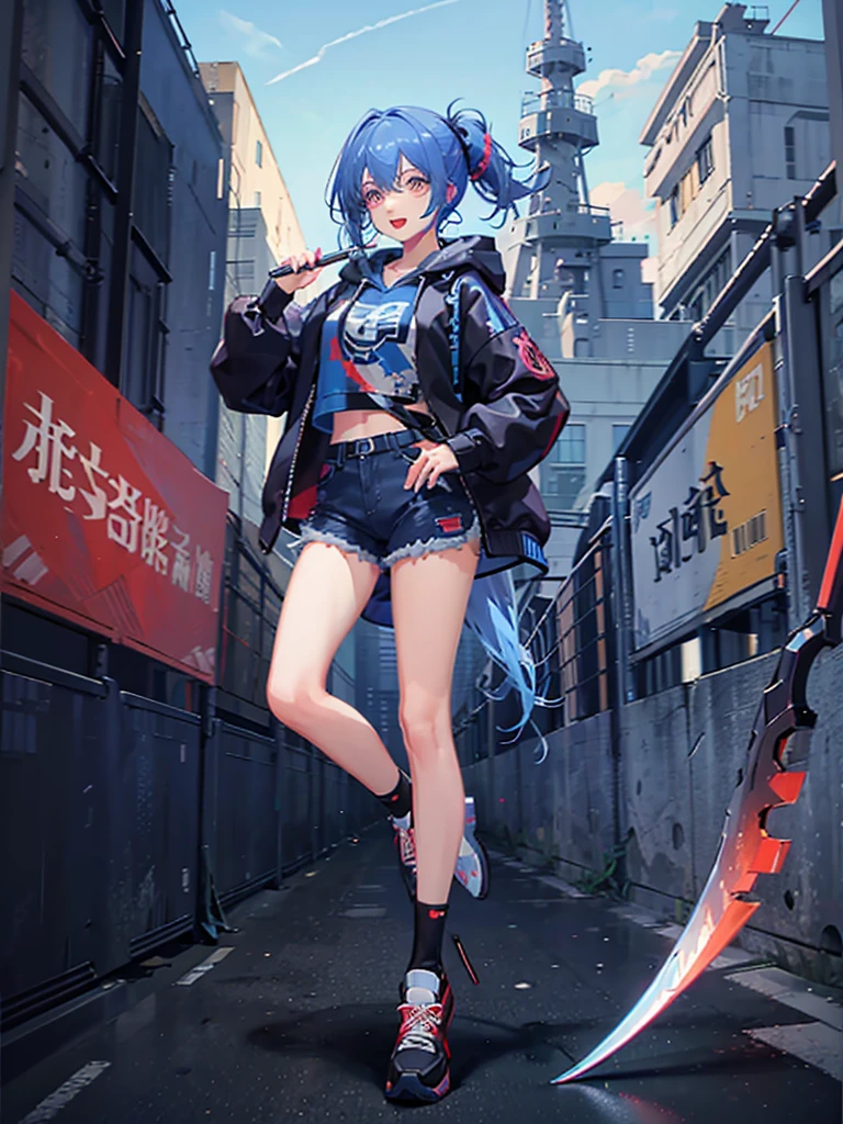 highest quality、Masterpiece、Anime painting with solid coloring、cyber punk、One girl、Blue Hair、Hair tied up、Big Eyes、Open mouth smile、Colorful hoodies、Has a big scythe、Red sneakers、I'm sitting and looking at this