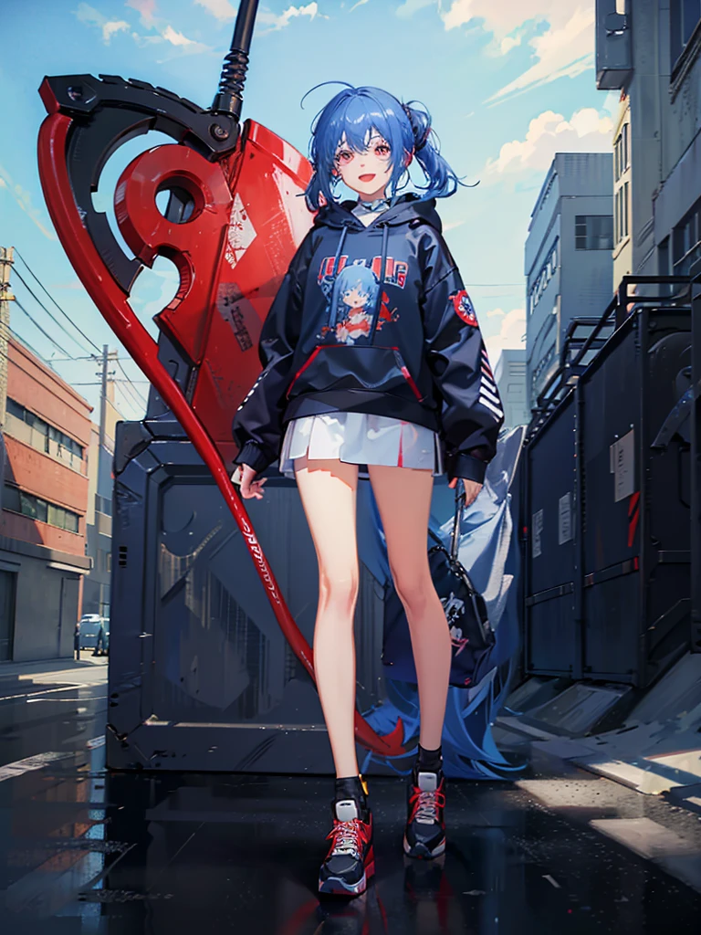 highest quality、Masterpiece、Anime painting with solid coloring、cyber punk、One girl、Blue Hair、Hair tied up、Big Eyes、Open mouth smile、Colorful hoodies、Has a big scythe、Red sneakers、I'm sitting and looking at this
