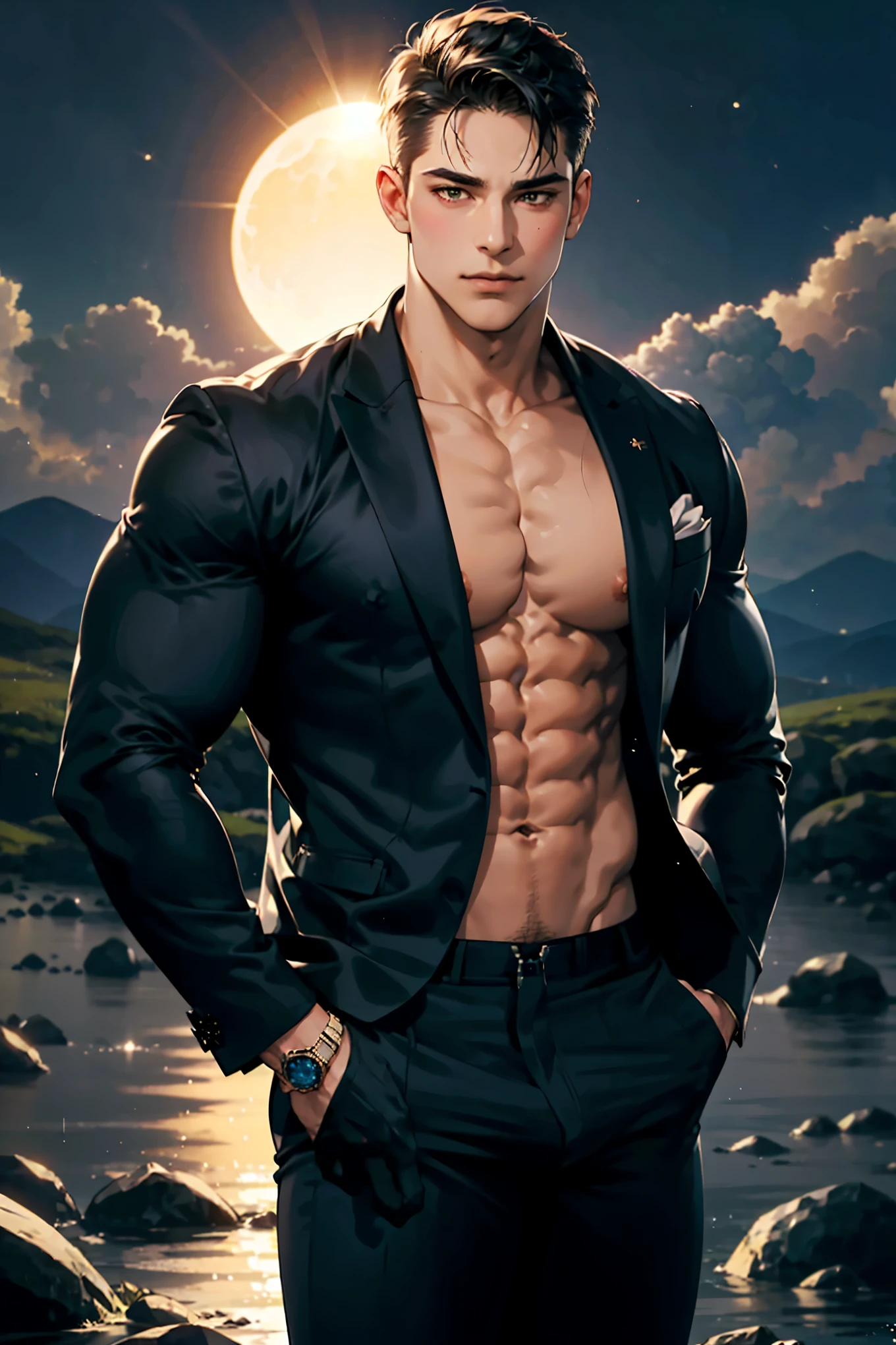 male, (standing close to total solar eclipse), landscape, huge sun total solar eclipse background, elegant, wearing suit, tight clothes, open clothes, unzipped, blush, masterpiece, best quality, detailed background, depth of field, intricate details, (muscular), (large pectorals), (puffy nipples),
