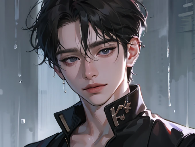 Anime boy takes photo with short black hair., Gervez style work, Guitz, beautiful animated portraits, black boy, cool realistic portrait, fantasy art style, upper body, Cheng Jiwa-kun에서 영감을 받은 아름다운 animation style, animation style. 8K, bobo art style, CG radio is popular in 8K, rainy background, gun in right hand, ring, piercing, half close eyes, from below, heavy lidded eyes, looking down, easygoing face, A smile with one corner of your mouth raised