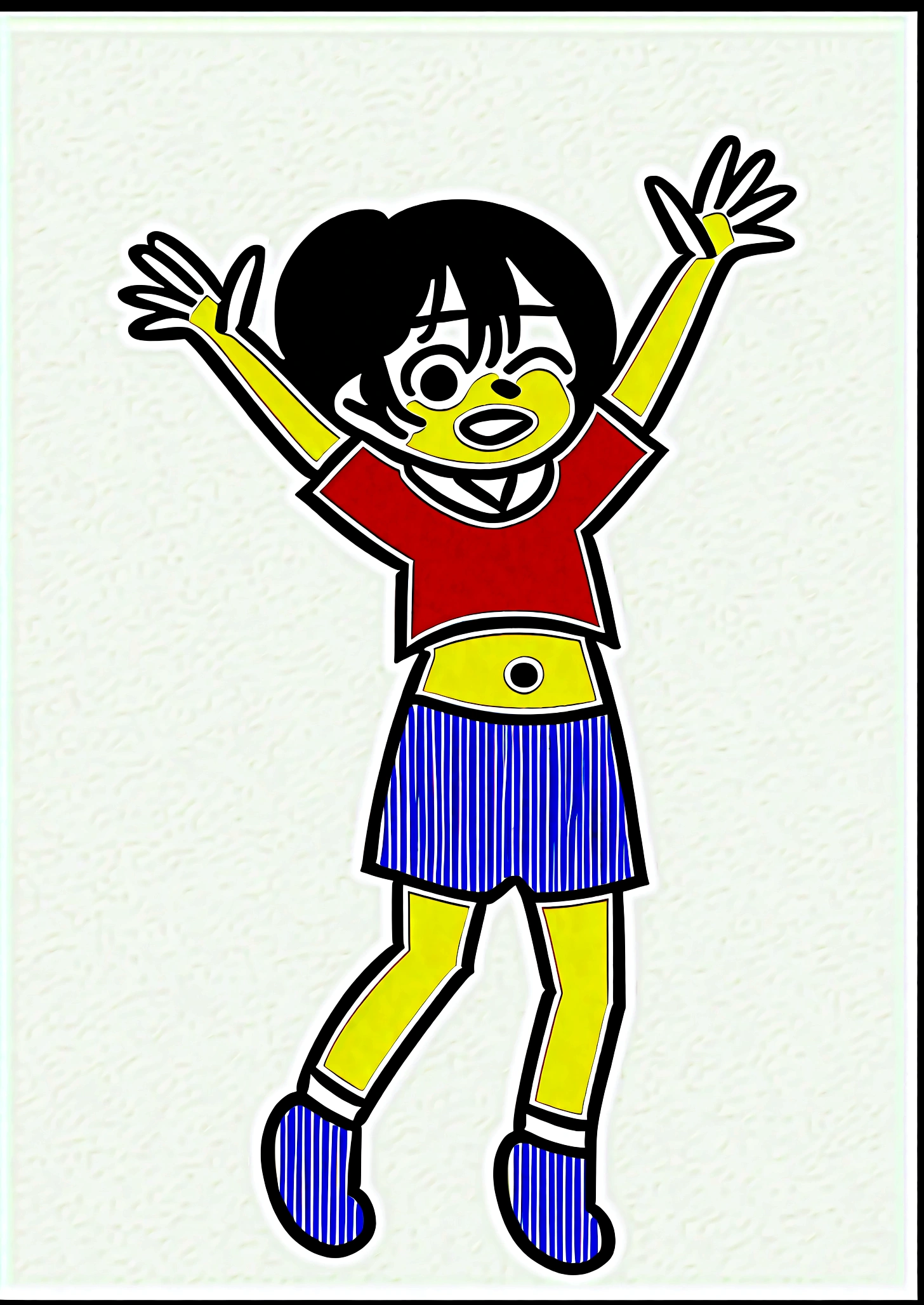 1boy,jump,Arms open,One eye closed,One eye open,Hands raised,Hands in the air,whole body,Male focus,shorts,Simple background,Smile,solo,Wave,Hiroyuki Nobi