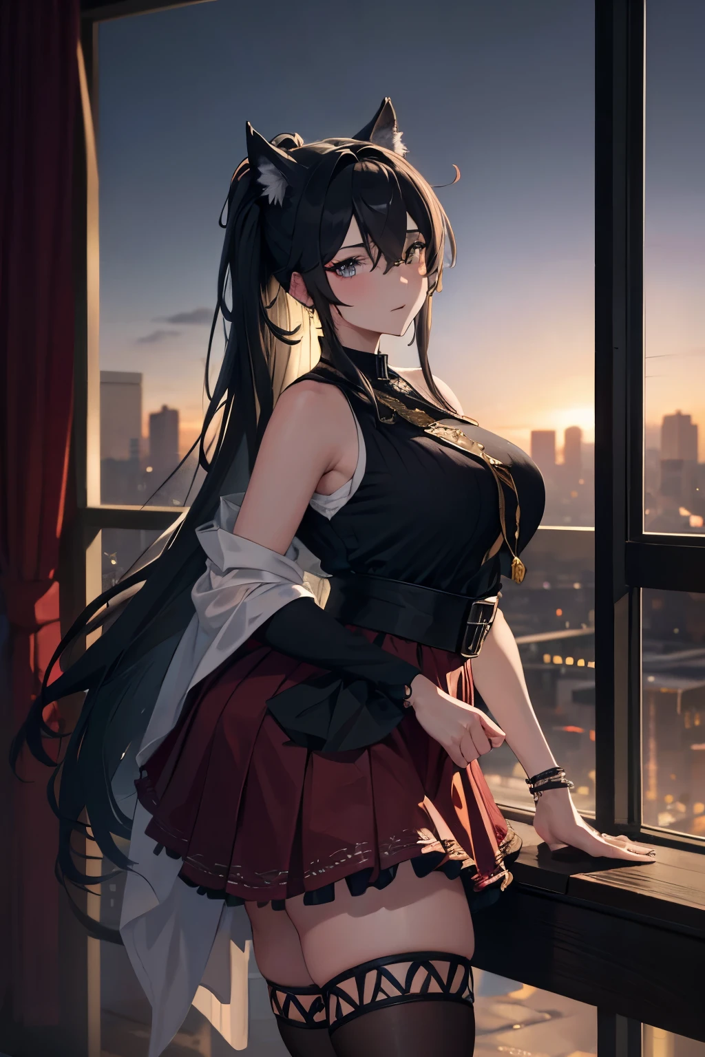 A captivating 20-year-old chubby wolfwoman is showcased in this maximalist artwork by Artgerm, trending on ArtStation. Dressed in a pleasing skirt and a sleeveless top, her long black ponytail cascading down her back is adorned with a light and transparent veil that exudes charm and seduction. Her dark, captivating eyes hold a story within them, beautifully detailed in this stunning, 8k anime artwork. The detailed full-body depiction is set against a faintly visible backdrop of a bustling cityscape, adding to the overall immersive appeal of this sensual, 8k photo masterpiece.