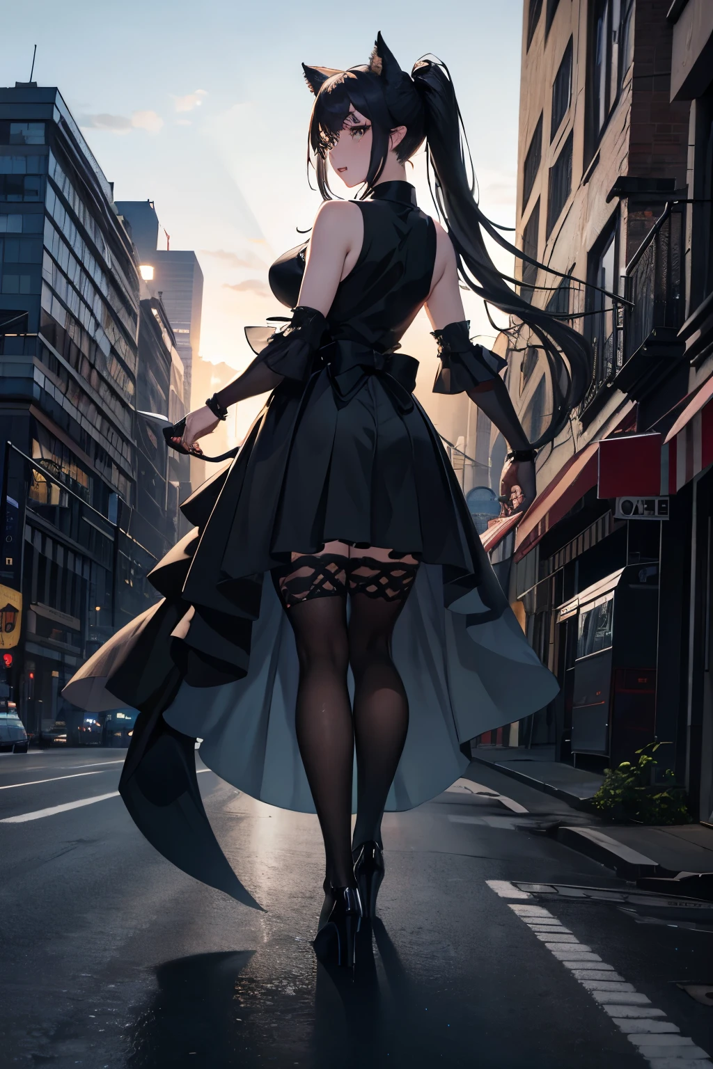 A captivating 20-year-old chubby wolfwoman is showcased in this maximalist artwork by Artgerm, trending on ArtStation. Dressed in a pleasing skirt and a sleeveless top, her long black ponytail cascading down her back is adorned with a light and transparent veil that exudes charm and seduction. Her dark, captivating eyes hold a story within them, beautifully detailed in this stunning, 8k anime artwork. The detailed full-body depiction is set against a faintly visible backdrop of a bustling cityscape, adding to the overall immersive appeal of this sensual, 8k photo masterpiece.