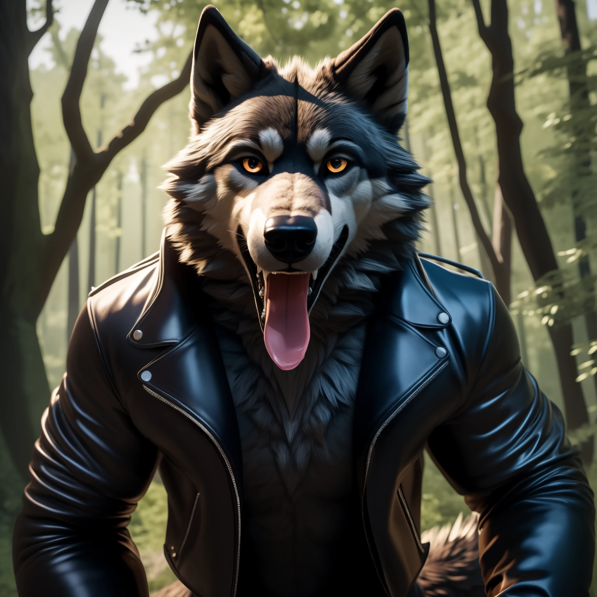 Sexy Posing, Male, 30 years old, playful wink, mouth open with tongue hanging out, black leather jacket, anthro, wolf ears, (black fur:1.5), wolf, forest background, 8k, hi res, (best quality, masterpiece), (wolf tail:1.5), detailed fur