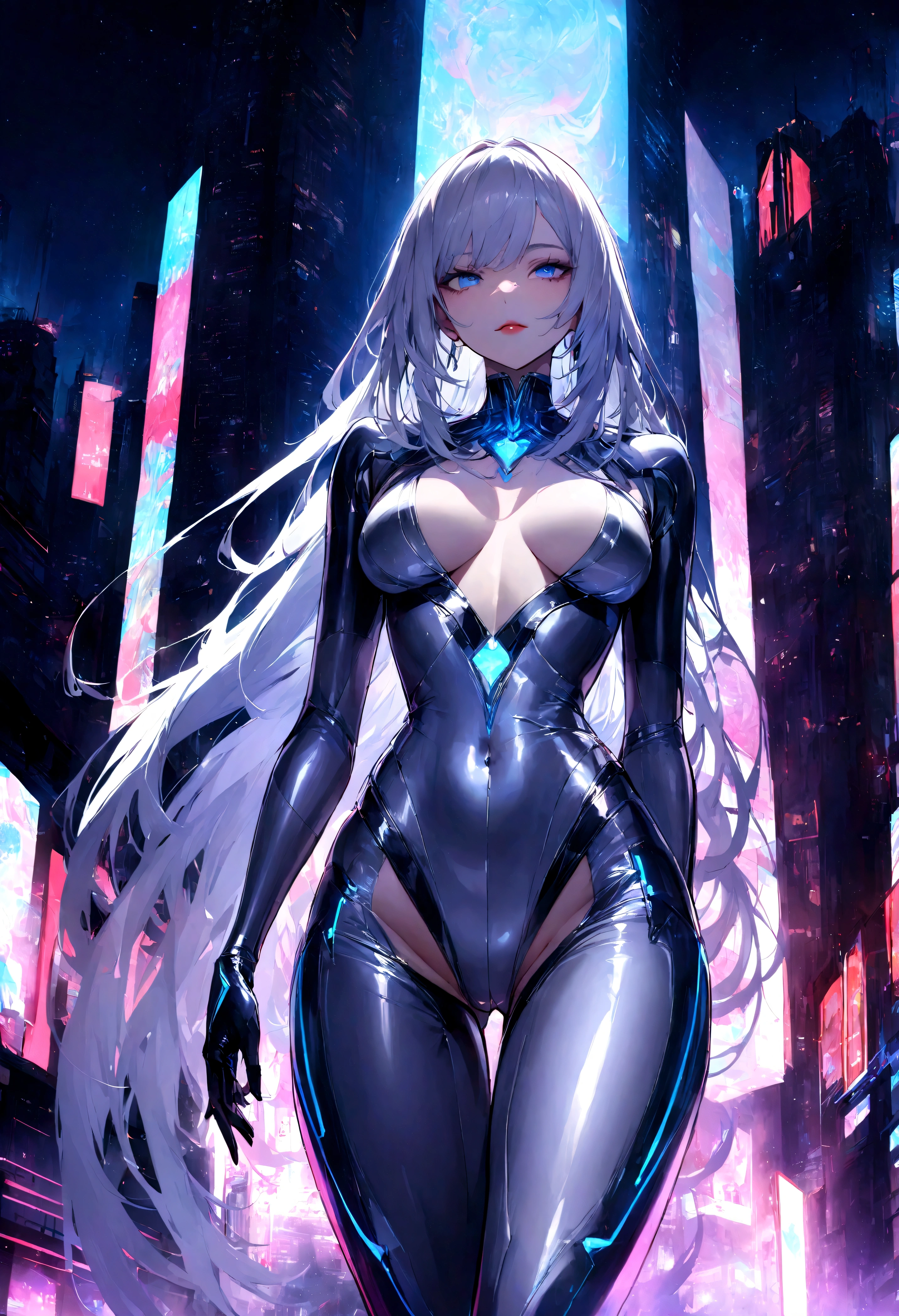 "A stunning, seductive, futuristic warrior woman standing confidently in a high-tech, neon-lit cityscape at night. She has long flowing silver hair, piercing blue eyes, and is wearing a sleek, form-fitting black and silver bodysuit with glowing blue accents. Her outfit emphasizes her curves, with a plunging neckline, high-cut sides, and strategically placed cutouts revealing some skin. She has exposed intimate areas covered with delicate, metallic lace. She wields a futuristic energy weapon, and her expression is fierce yet inviting. The city behind her is vibrant with towering skyscrapers, holographic billboards, and flying cars, creating an immersive sci-fi atmosphere. The lighting highlights her glossy outfit and adds depth to her form, while the background is a mix of dark shadows and bright neon lights."
