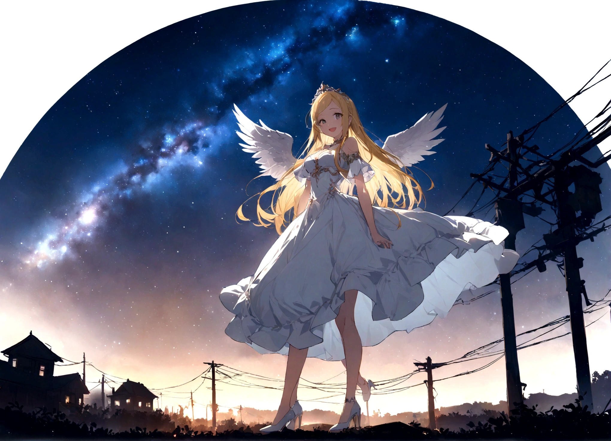 One girl, Long Hair, alone, Blonde Hair, dress, wing, whole body, White Background, White footwear, chest, Simple Background, white dress, tiara, white wing, View Viewer, High heels, Open your mouth, large chest, bangs, Short sleeve, angel wing, smile, feathered wing, Removable sleeves, parted bangs, Exposing shoulders ,scenery, star (null), null, starry null, wood, night, Outdoor, night null, milky way, Power lines, silhouette ,