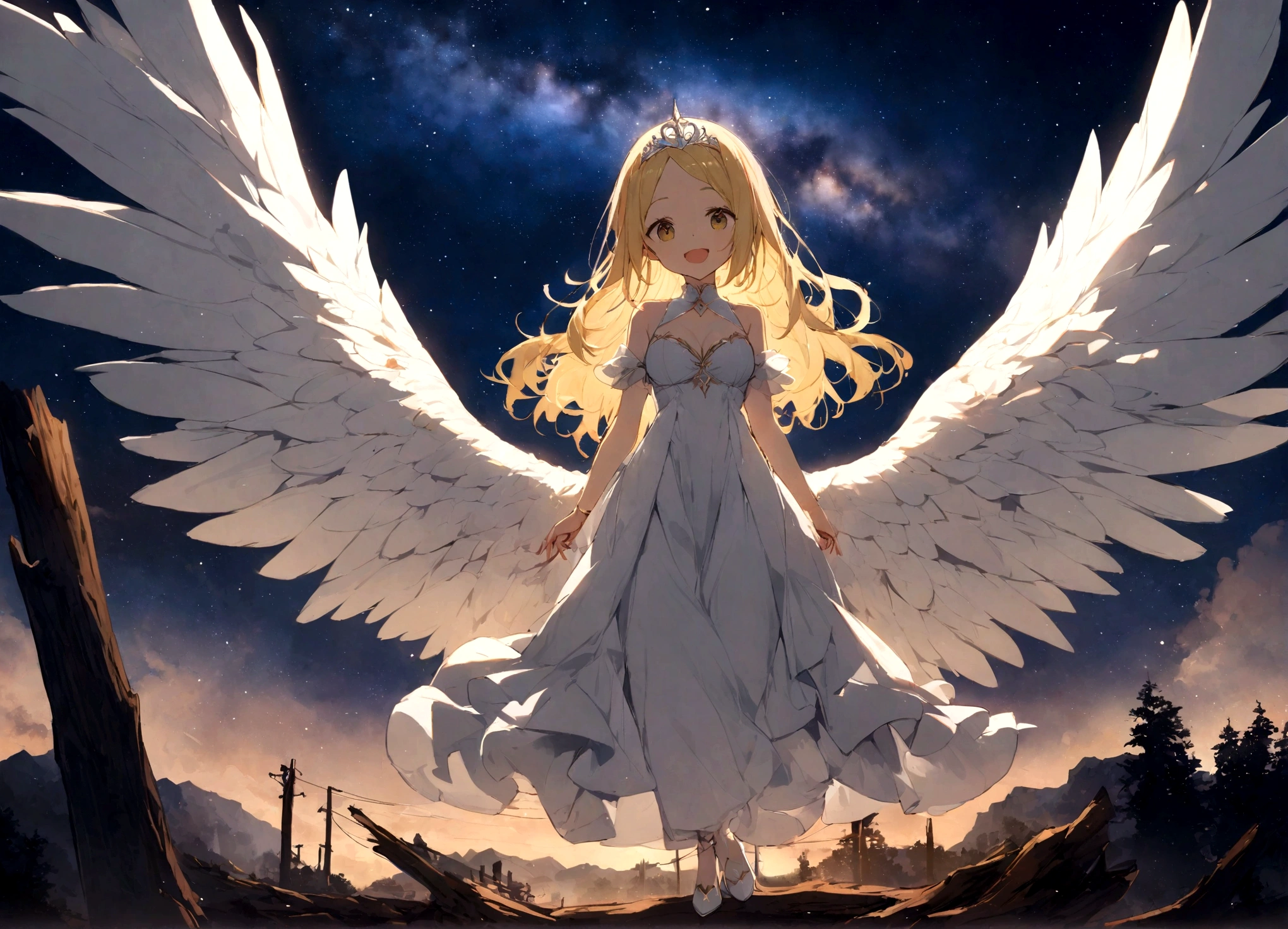 One girl, Long Hair, alone, Blonde Hair, dress, wing, whole body, White Background, White footwear, chest, Simple Background, white dress, tiara, white wing, View Viewer, High heels, Open your mouth, large chest, bangs, Short sleeve, angel wing, smile, feathered wing, Removable sleeves, parted bangs, Exposing shoulders ,scenery, star (null), null, starry null, wood, night, Outdoor, night null, milky way, Power lines, silhouette ,