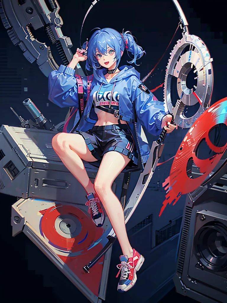 highest quality、Masterpiece、Anime painting with solid coloring、cyber punk、One girl、Blue Hair、Hair tied up、Big Eyes、Open mouth smile、Colorful hoodies、Has a big scythe、Red sneakers、I'm sitting and looking at this、Cowboy Shot