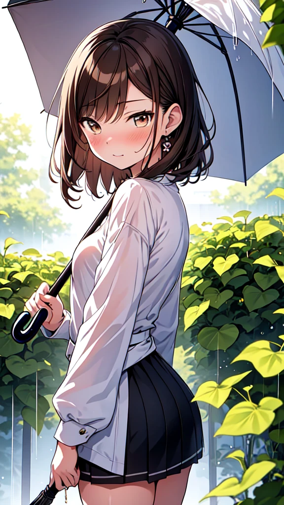 Morning glories are growing up to waist height,There is a snail on the morning glory leaf,highest quality, masterpiece, Ultra-high resolution, 8k,Rainy Sky,,((I am holding an umbrella and watching a snail on a morning glory leaf.)),happy,Sparkling eyes,Focus on girl looking at snail,
Show anime style , girl1people, Soft Line Art, Digital Enhancement, shojo anime touch, shojo manga core, Flowing fabric, close, Soft Drawing, Ultra-Definition Digital Anime Art, Clear facial depiction, Super detailed girl cartoon character art, Ultra-detailed manga style, highest qualityの色,
(Short brown hair), Wet Hair,Staring at us from the front,Beautiful brown hair, Clear brown eyes, Slightly chubby,Small breasts,The butt is small