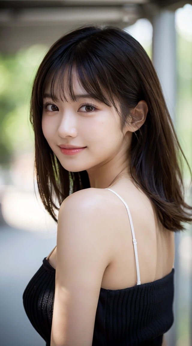 (highest quality, masterpiece:1.3, ultra high resolution), (Super detailed, caustics, 8k), (photorealistic:1.4, RAW shooting), 1 girl, (look at the camera with a smile), 20-year-old, cute, Japanese, black long bronde hairstyle, Natural lips, Red knitted dress, cleavage, Tokyo Street, big, bust up shot, face focus, Natural light, Backlight, (A bright light shines from above), (Lens flare), professional writing, perfect bodies, perfect arms, Perfect fingers, perfect legs, perfect hair, pores, Realistic skin texture, perfect teeth, (low position), (Low - Angle)