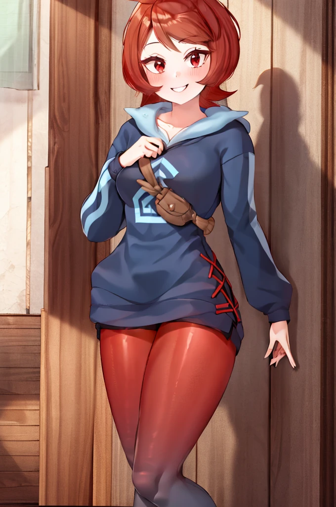 ((masterpiece,best quality)), absurdres, Arezu_Pokemon, solo, 1girl,  red hair, cowlick, red eyes, blue hoodie, hood, red pantyhose, gradient legwear,  solo, smiling, looking at viewer, cowboy shot