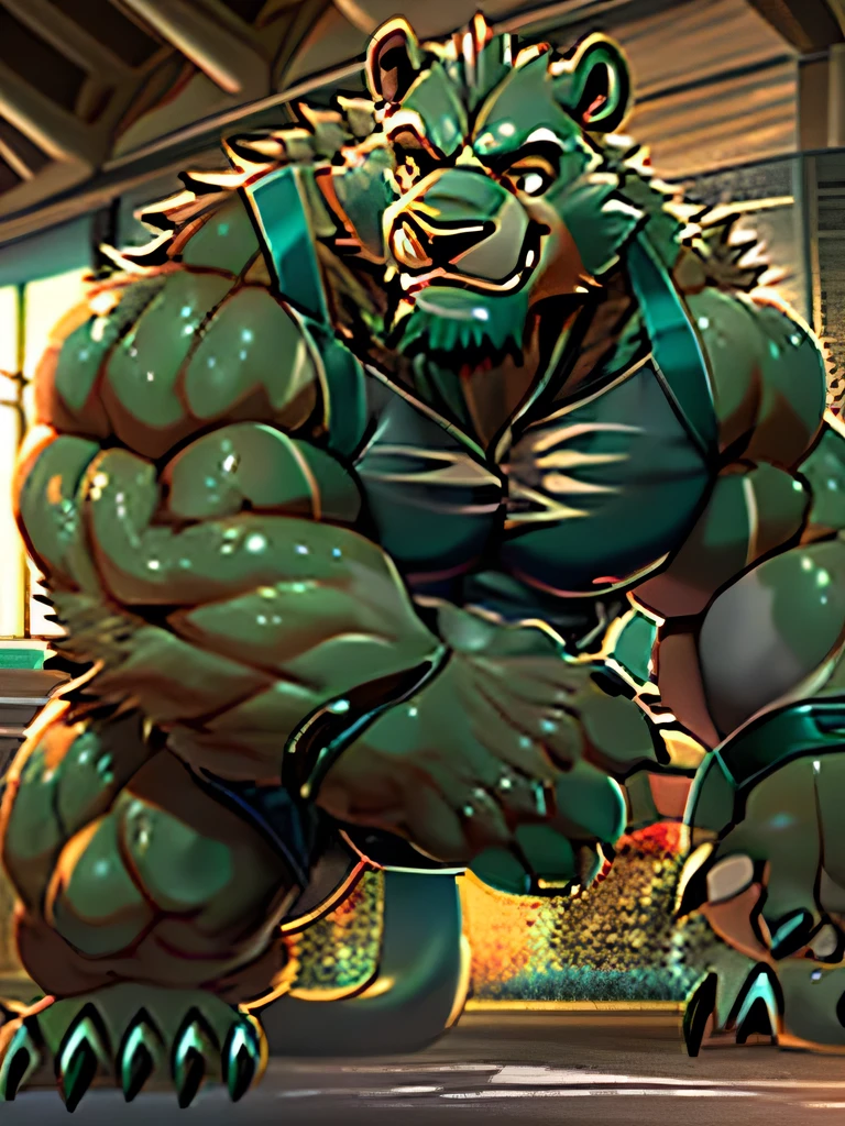 a massive muscular brown grizzly bear, black speedo and black wristbands, ultra-detailed, photorealistic, 2d Disney art style, thick veiny muscles rippling, flexing its massive arms, gym setting, (detailed brown eyes) highly defined facial features, intense expression