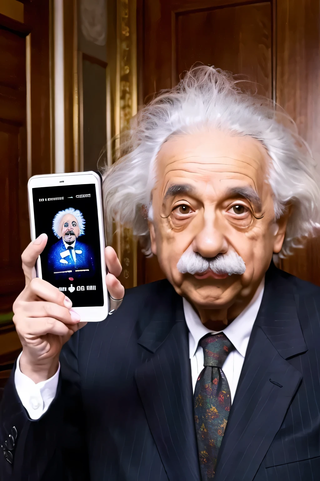 Albert Einstein looking at a smartphone screen、The expression is surprised、Looks like the famous tongue-out photo、Color、comical、Only one person in the picture、Fingers5Book
