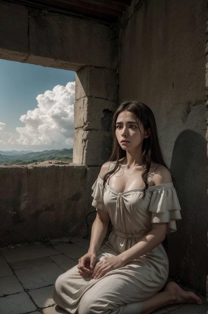 Crie uma cena de Jesus crucificado, in the scene there are Roman soldiers, his mother Mary and Mary Magdalene. Mary is kneeling and Madalena holds her hand. The sky is full of clouds. A cena demonstra tristeza e sofrimento, foto real, 8k, imagem perfeita