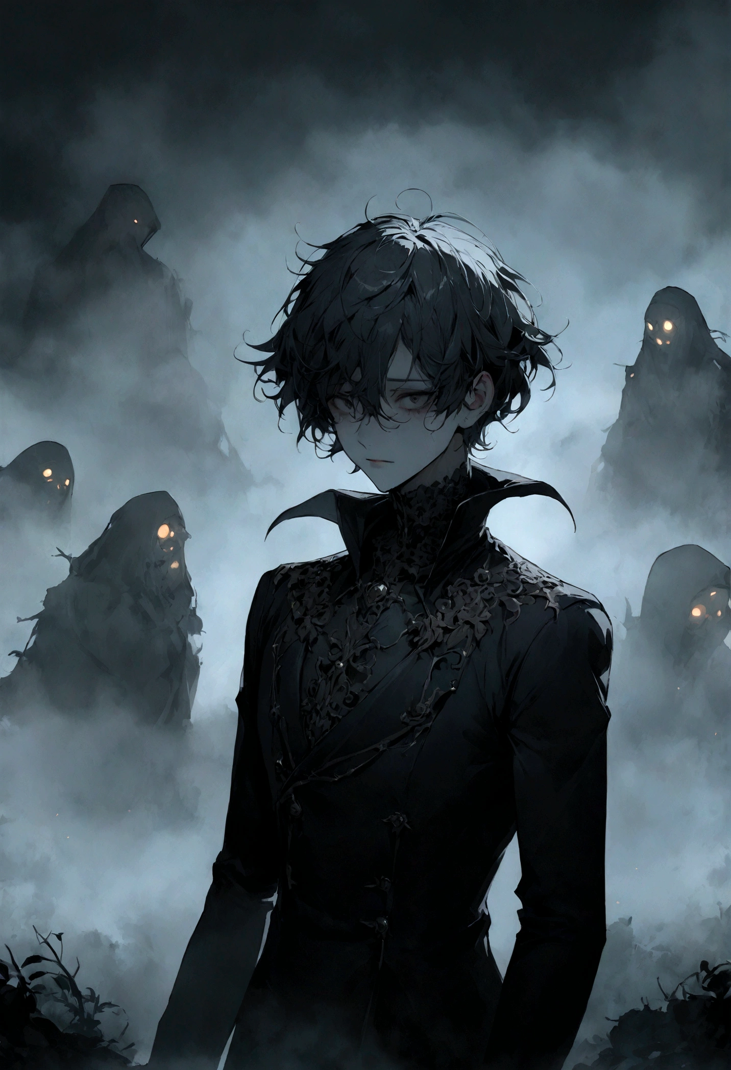 полупрозрачный Man, spooky, with upturned hair, In the terrifying fog, ((Man)), short hair
