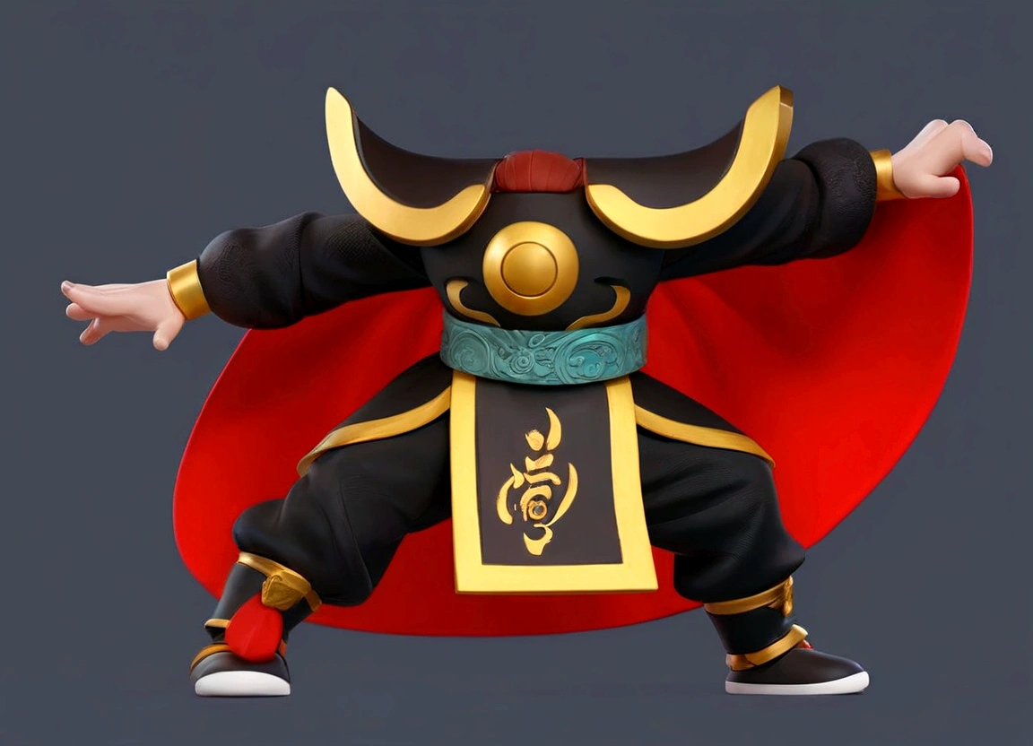 Close-up of a cartoon character wearing a red cape, Peking Opera, Inspired by Pu Hua, Inspired by Hu Zaobin, Inspired by Wu Bin, Ashura，From Chinese mythology,3D Intellectual Property Design, Pop Matt Style, Blind Box Toys, A super cute Chinese boy with Chinese Sichuan Opera characters, Chinese Traditional Festivals, Red, Black clothing，Happy, kung fu pose, Studio Lighting, Clean background, 3D, c4d, Blender, Redshift, Super detailed,CG Masterpiece，