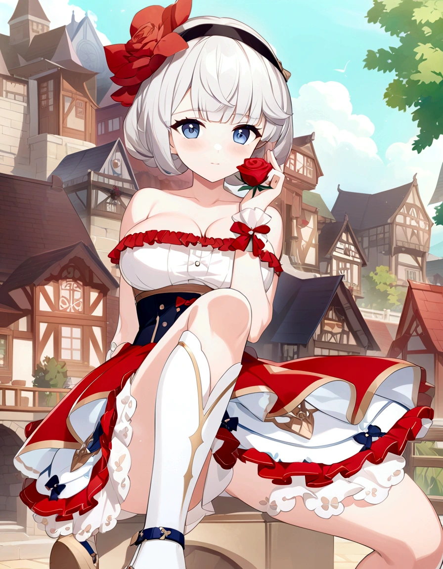 Anime girl in red and white dress holds a red rose., Kuchart Krenz Key Art Feminine, splash anime art , ,  to dress, Cute anime waifu in pretty outfits, Ayaka Genshin Impact, Azure Lane Style, From the video game Azur Lane, official artwork, Clear and crisp RPG visuals, official art, big breasts, realistically, girl