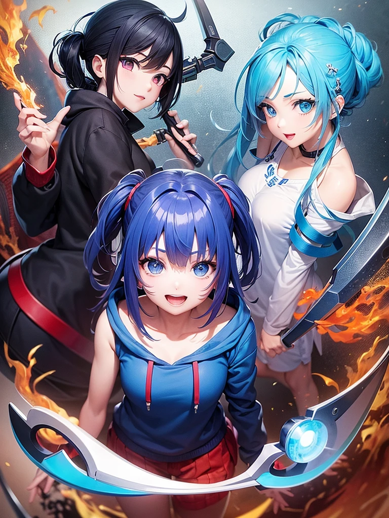 highest quality、Masterpiece、Anime painting with solid coloring、cyber punk、One girl、Blue Hair、Hair tied up、Big Eyes、Open mouth smile、Colorful hoodies、Has a big scythe、Red sneakers、I'm sitting and looking at this、Waist up shot