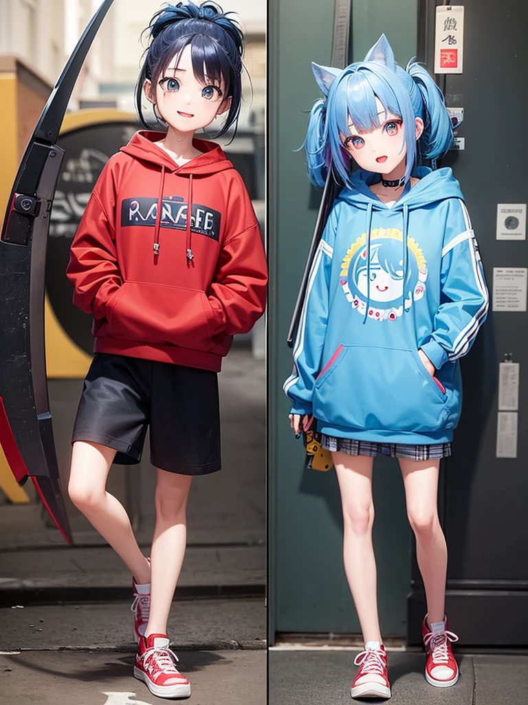highest quality、Masterpiece、Anime painting with solid coloring、cyber punk、One girl、Blue Hair、Hair tied up、Big Eyes、Open mouth smile、Colorful hoodies、Has a big scythe、Red sneakers、I'm sitting and looking at this、Waist up shot