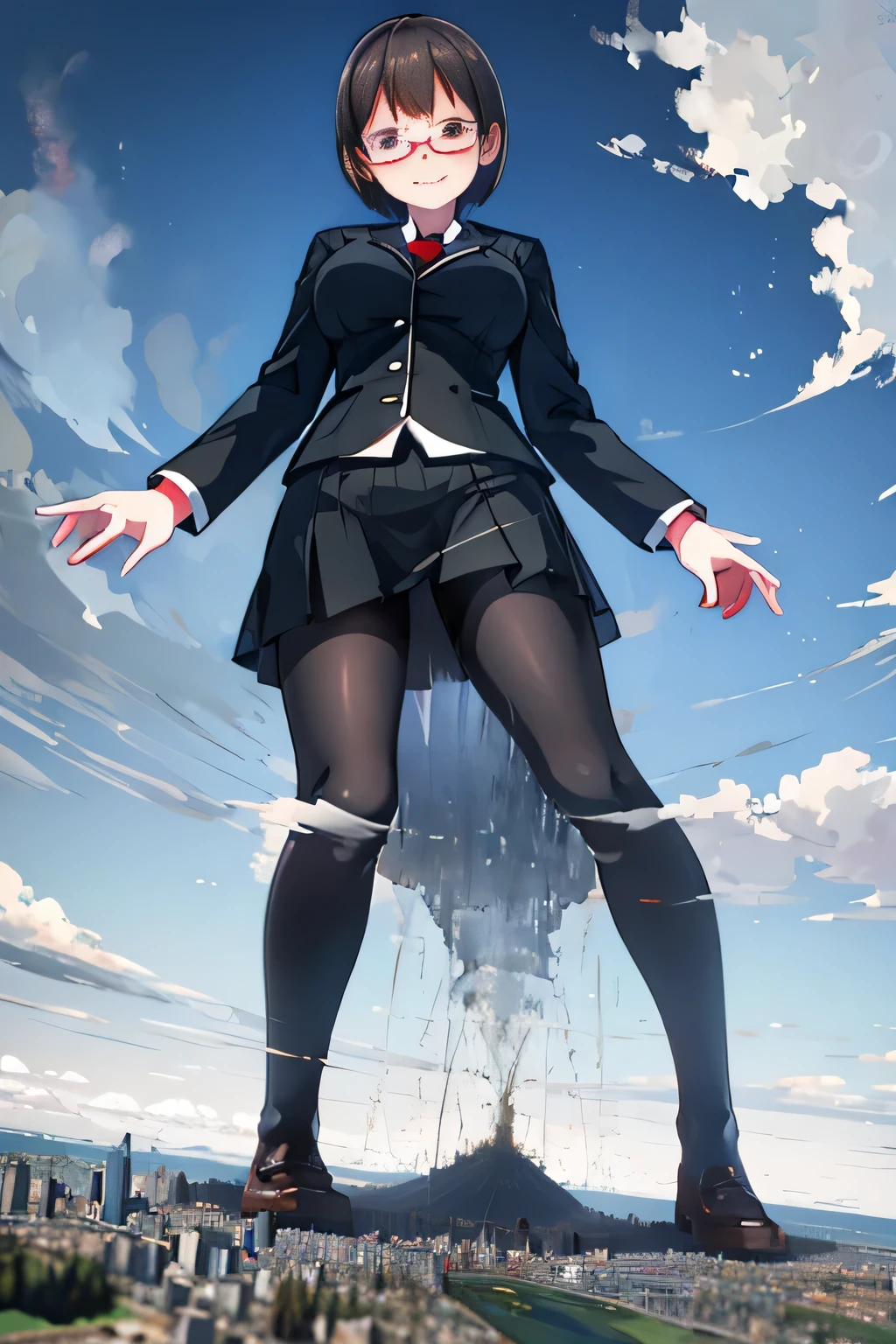 giantess art, highly detailed giantess shots, giantess, Two legs, Five fingers, short hair, A gigantic high school girl who is taller than a skyscraper, Wearing rimless glasses, smile, Big Breasts, Navy blazer, Red tie, mini skirt, Black Pantyhose, black pantyhose, no shoes on, toes visible through pantyhose, Steam coming out from the soles of my feet, Destroying cities, A very small big city, Miniature metropolis, Full body description, GTS, giga giantess, stomping city, crash city, tiny city, micro city, pantyhose feet, High resolution, highest quality, masterpiece, peeing self