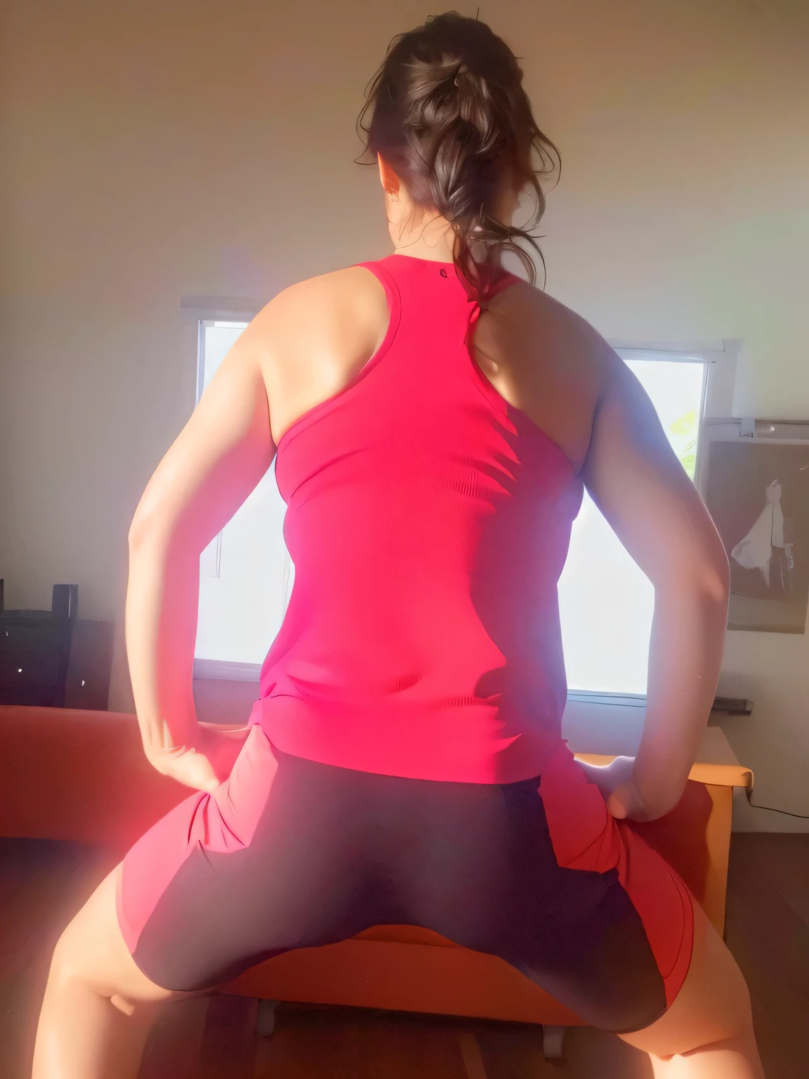 there is a woman in a red top and black shorts doing yoga, squatting pose, back pose, back view, red cropped yoga shorts, power pose, sitting on bent knees, bent over pose, forward facing pose, back arched, bent posture, pose with crossed arms!, striking a cheeky pose, doing splits and stretches.
She is a beautiful woman, with white skin and dark brown hair. She is about 45 years old, 165 cm tall and weighs 56 kg. She has a perfect mouth, medium breasts, a perfect face. Her body exudes glamor and her face is a definition of beauty. Slender body, thin waist. Highly realistic, hyperrealism, very elaborate skin, perfect face. Clear photo, high resolution, high quality, masterpiece, 16K photo, high contrast, masterpiece, NUDE, NUDITY, NFSW.