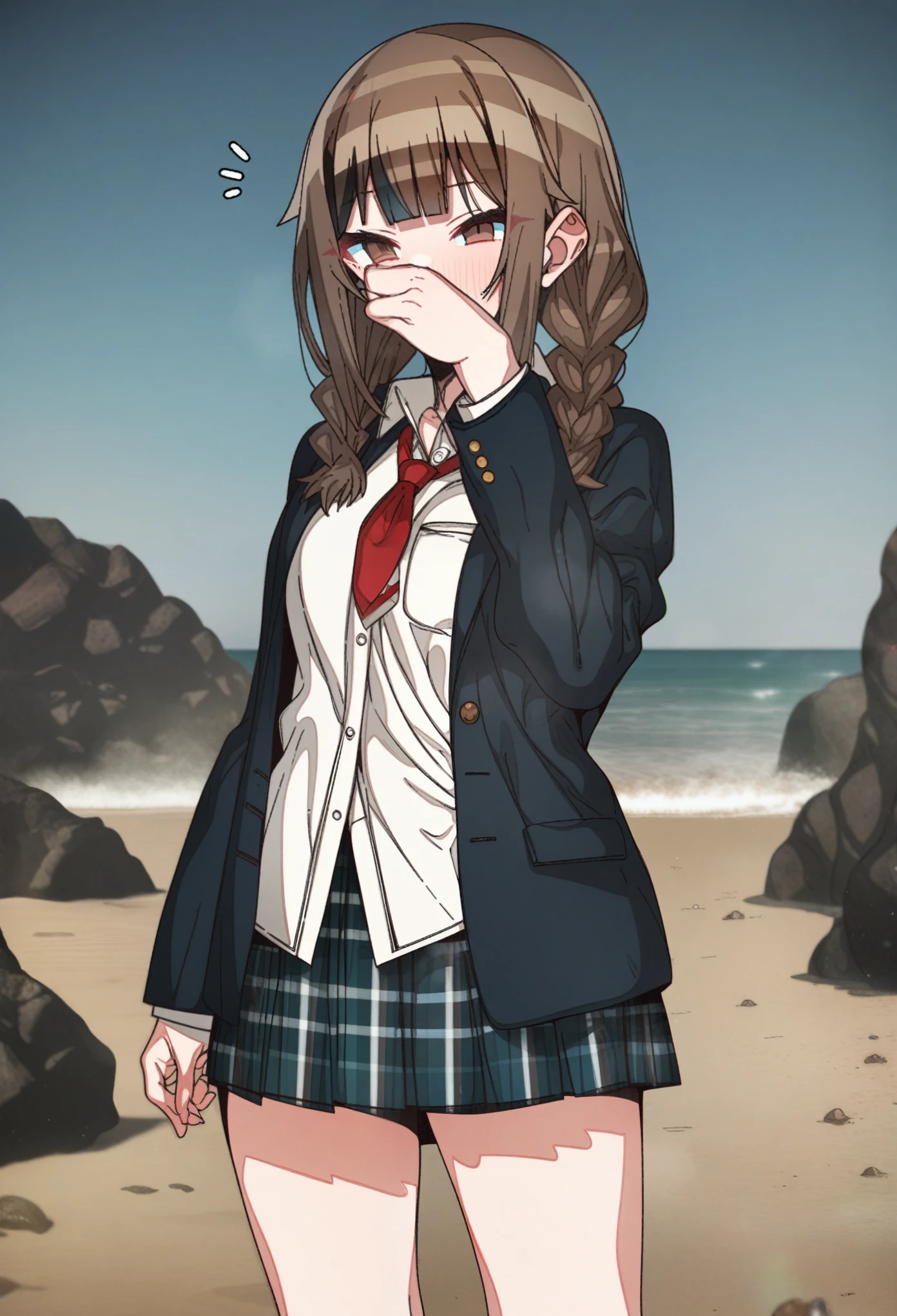 gawr_gura with brown hair and brown eyes, Artist, erere, Copyrights, idolmaster, idolmaster_shiny_colors, Character, General, 1girl, brown_hair, blunt_bangs, blush, medium_breasts, breasts, detailed eyelashes, beatiful girl:1, brown_eyes, censored, school_uniform, skirt, black pleated skirt:0.7, black blazer:0.5, white shirt, red tie, twin_braids, :|:0.5, (full_body) (standing in middle, beach, rocks), sky:0.7, half-closed_eyes, detailed, sand, outdoors, looking_at_viewer, masterpiece, best_quality, great_quality, girl, solo, center_composition, centered character, cute, rubbing_eyes, sleepy