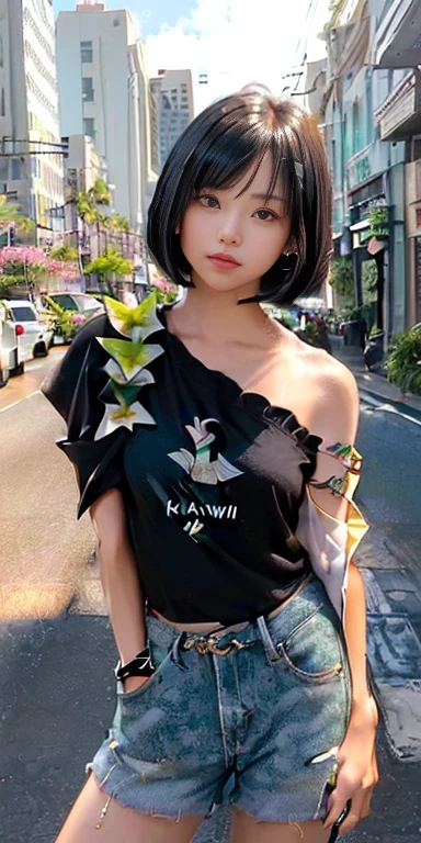 (((Shoulder-length black straight short bob)))、(((Her background is in downtown Hawaii...、Pose like a model in a cafe.)))、(((Casual summer street fashion)))、Face close-up、Japanese、18-year-old girl、independent、I&#39;m looking forward to、Black hair color、flat 、Hair blowing in the wind、Quality of actress、Shiny, Ultra-realistic face、smileの表情、Watery eye、look up、Pleasant lighting effects、 Ultra-Realistic Capture、Very detailed、High resolution 16K human skin closeup。Skin texture must be natural、Must be so detailed that pores are visible、skin is healthy、We need a unified tone、Use natural light and color、High quality photos taken by modeling agencies&#39;Exclusive photographer、smile