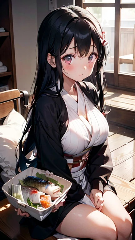 nezuko Kamado,
One Girl,
Natural skin texture,White skin,
Black kimono,Mansion,indoor,Light shines in,
Big Breasts,Puzzled,blush,Upright posture,from the front,
Zoom in on face,Sit on a cushion,White Rice,meal,grilled fish,sushi,
Beautiful image quality,Delicate shades,4K,Very detailed,