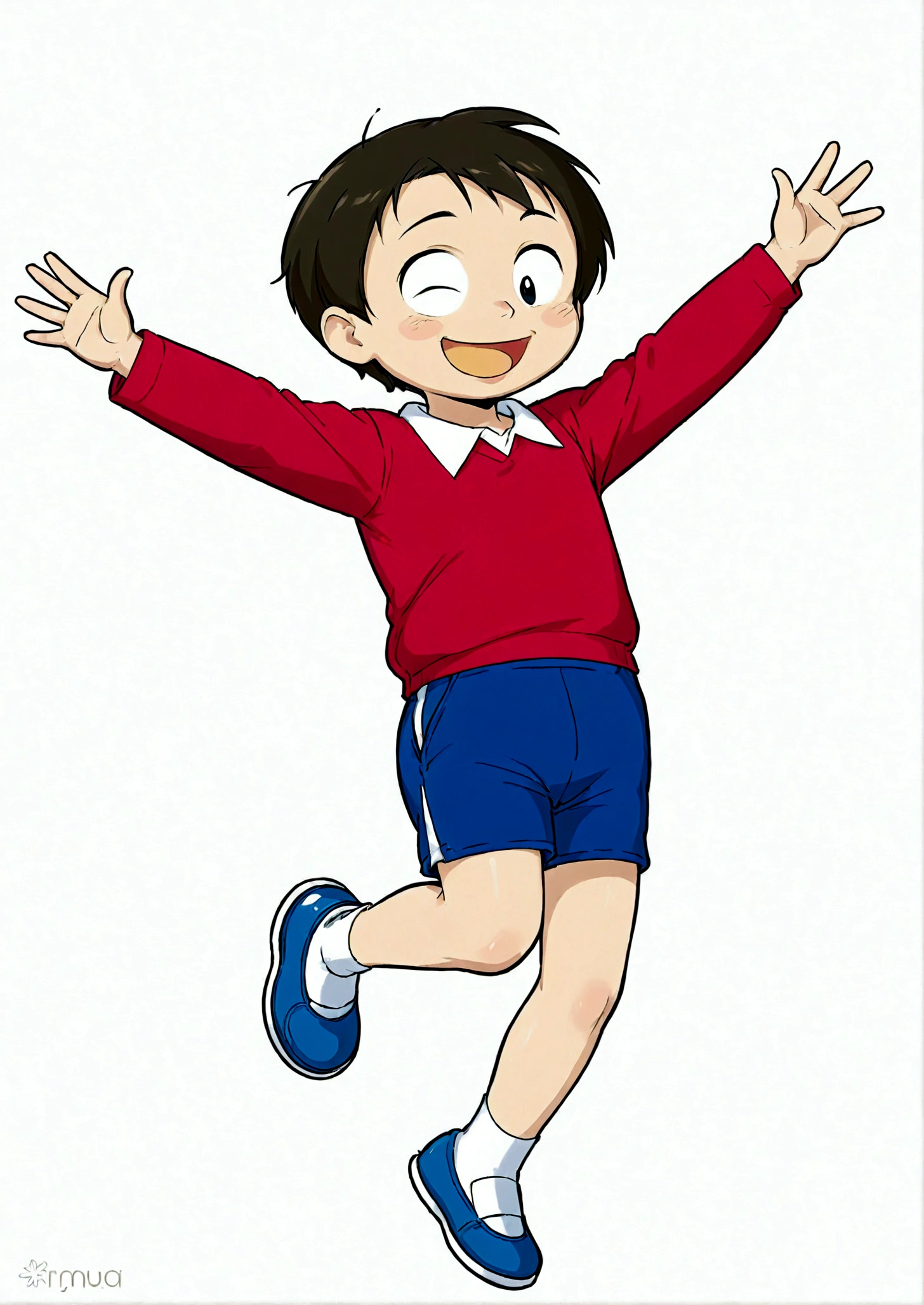 1boy,jump,Arms open,One eye closed,One eye open,Hands raised,Hands in the air,whole body,Male focus,shorts,Simple background,Smile,solo,Wave,Hiroyuki Nobi